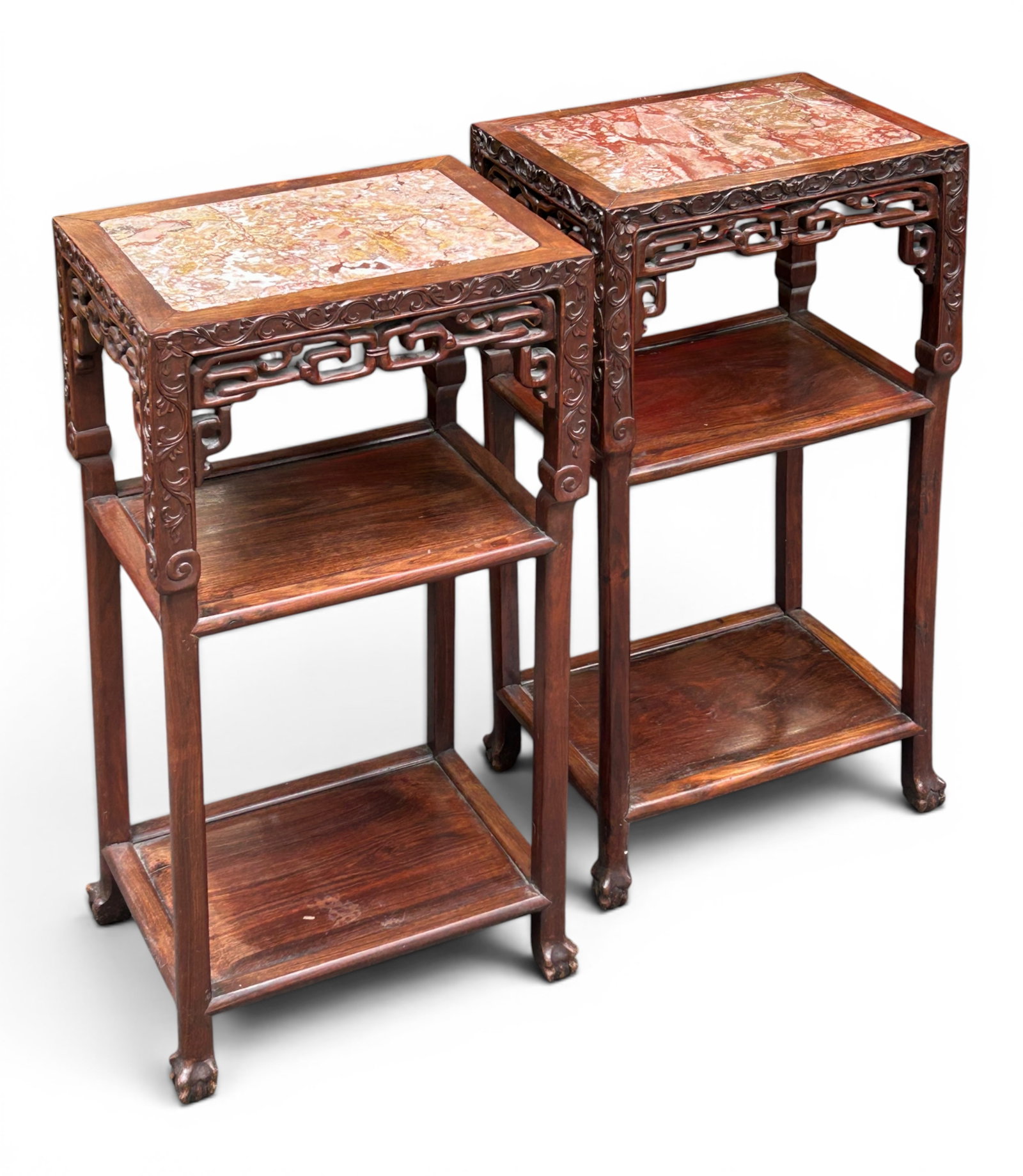 19th Cent. Chinese Carved 3 Tier Tables w/ Marble. (1 of 20)