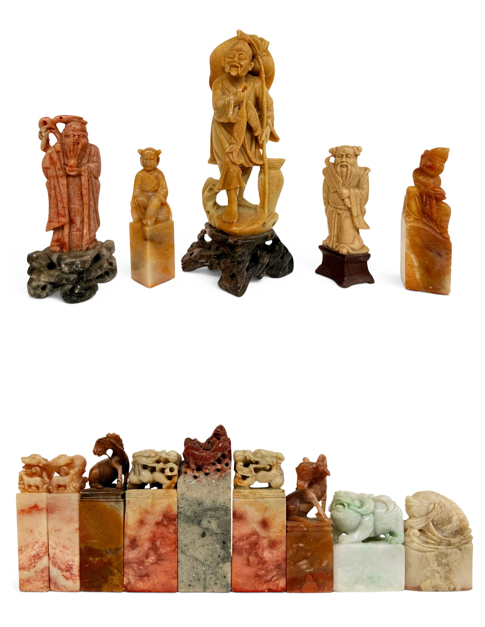 Chinese Soapstone Seals & Figures, Jade & Jadeite.: The lot includes a jadeite carved figure. It measures 2 3/16" tall, 1 1/2" wide, and 15/16" deep. Also included is a jade seal with a carved fish. It measures 2 1/4" tall, 1 1/2" wide, and 5/8" deep. 