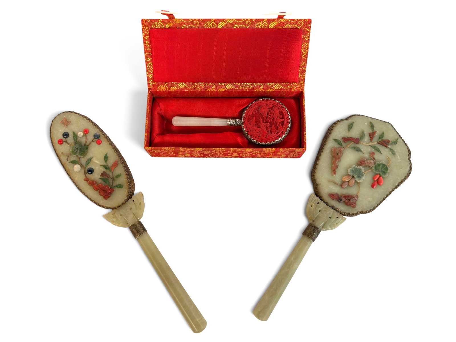 Chinese Jade Dresser Set & Cinnebar Mirror. (1 of 6)
