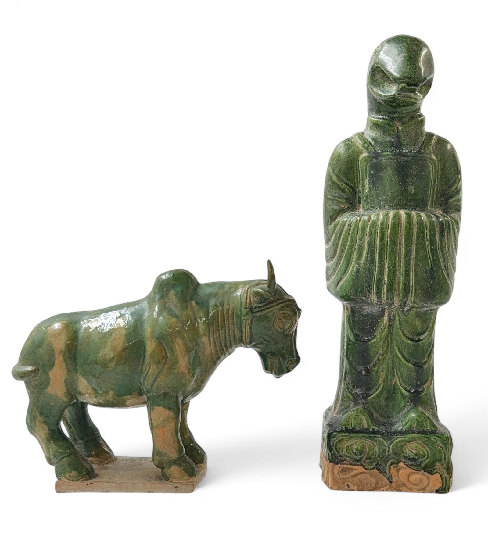 Lot of 2 Chinese Green Glaze Terra Cotta Figures.: One of the items is a bull that is missing one horn. The other piece is a snake like robed Chinese zodiac figure. This figure looks to be in good overall condition. It measures 15 5/8" tall, 4 1/2" wi
