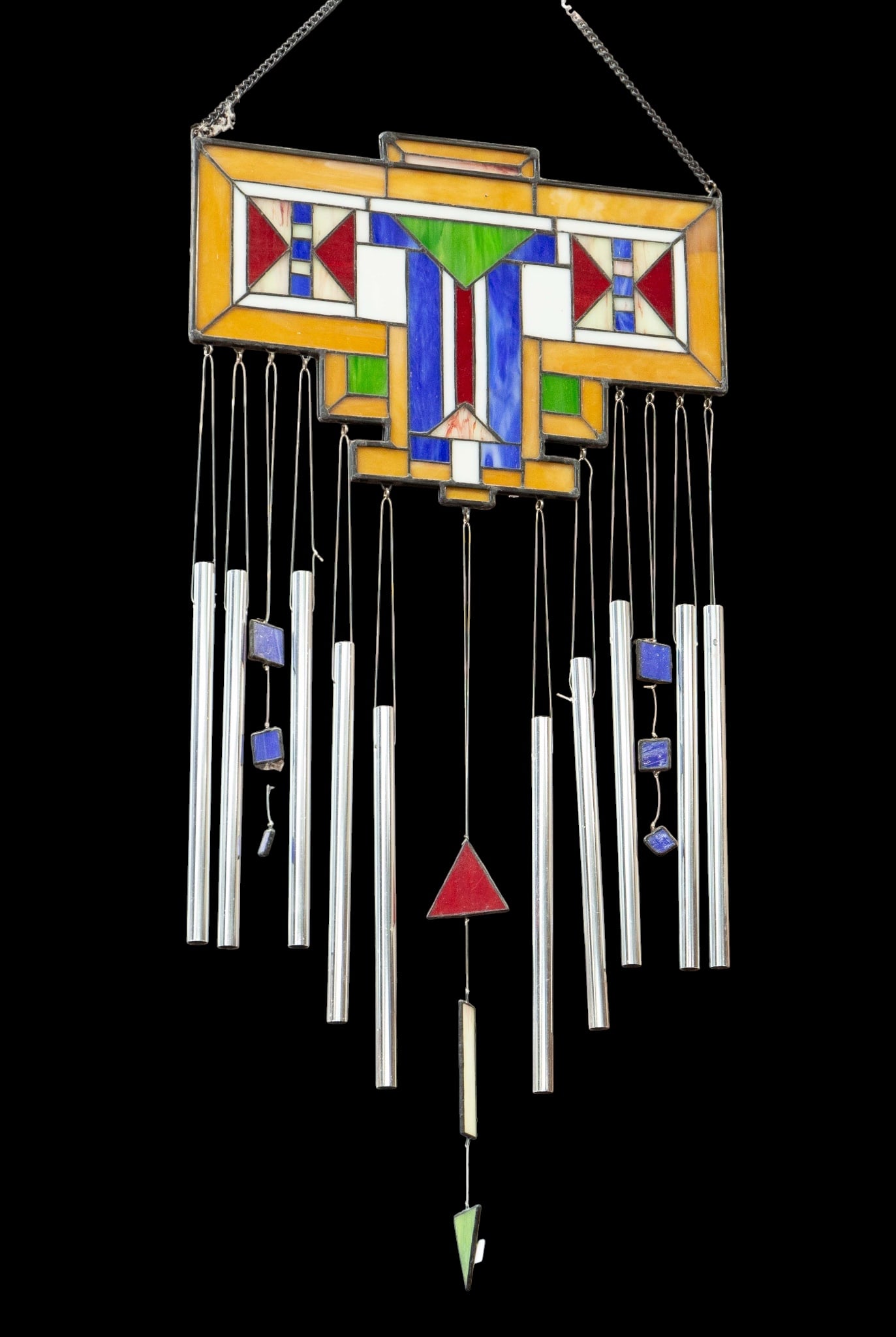 29" Stained Glass Hanging Wind Chime.: It looks to be in overall nice condition. It measures 9 1/8" x 5/8" x 29", not including the hanging chain. Third-party shipping or personal pickup is required. Please see our website for our