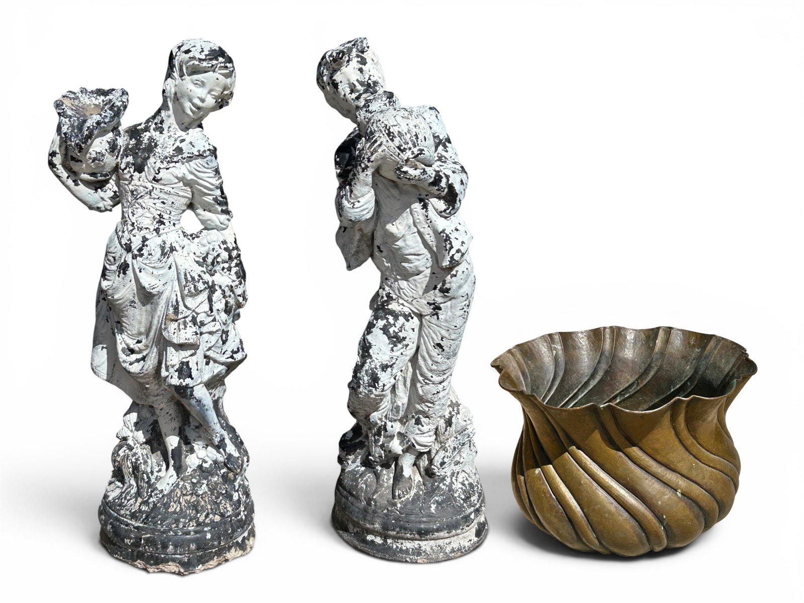 Pr. Figural Cast Concrete Garden Sculptures & Bowl: The lot contains 3 items. There is a pair of concrete sculptures depicting a Victorian style woman and man. They measure 32 1/4" tall, 11 1/2" wide, and 10" deep. The lot also contains a large cast me