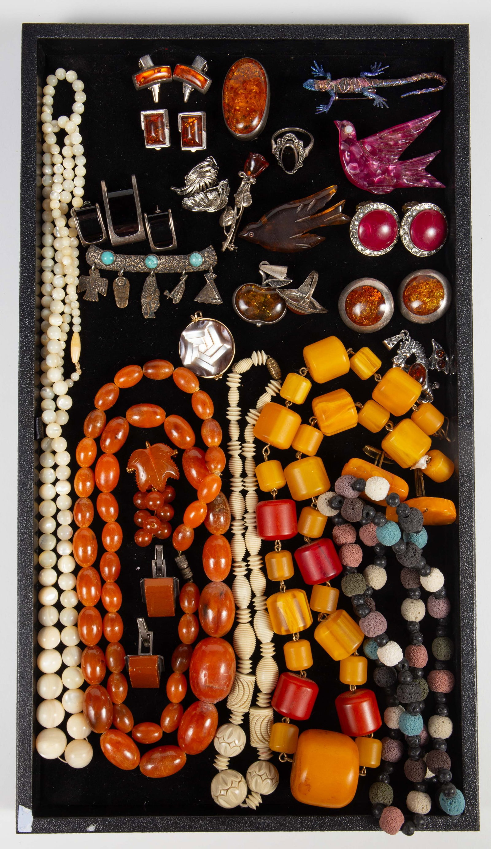 Lot of Jewelry - Amber, Sterling, Bakelite, Carved (1 of 11)