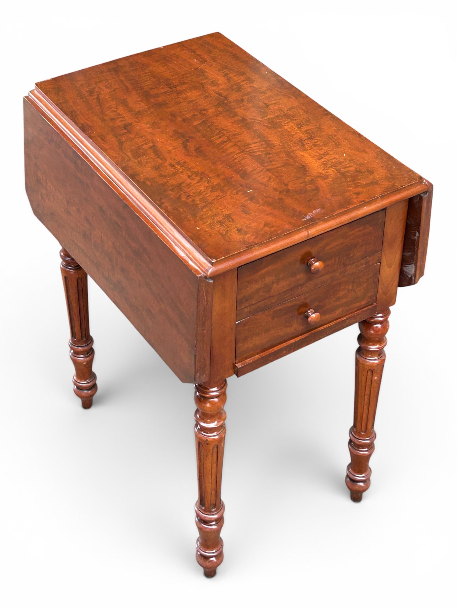 Antique Dropleaf Pembroke Side Table.: The antique work or sewing table has two side drop leaves, two drawers, a pull-out recessed storage on one side, and one hinged drop door with a storage compartment on the opposite end. The piece has