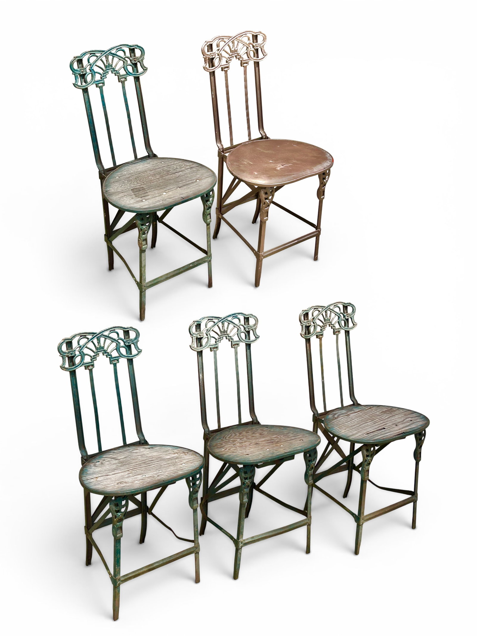 Lot of 5 Art Nouveau Cast Iron Folding Chairs. (1 of 19)