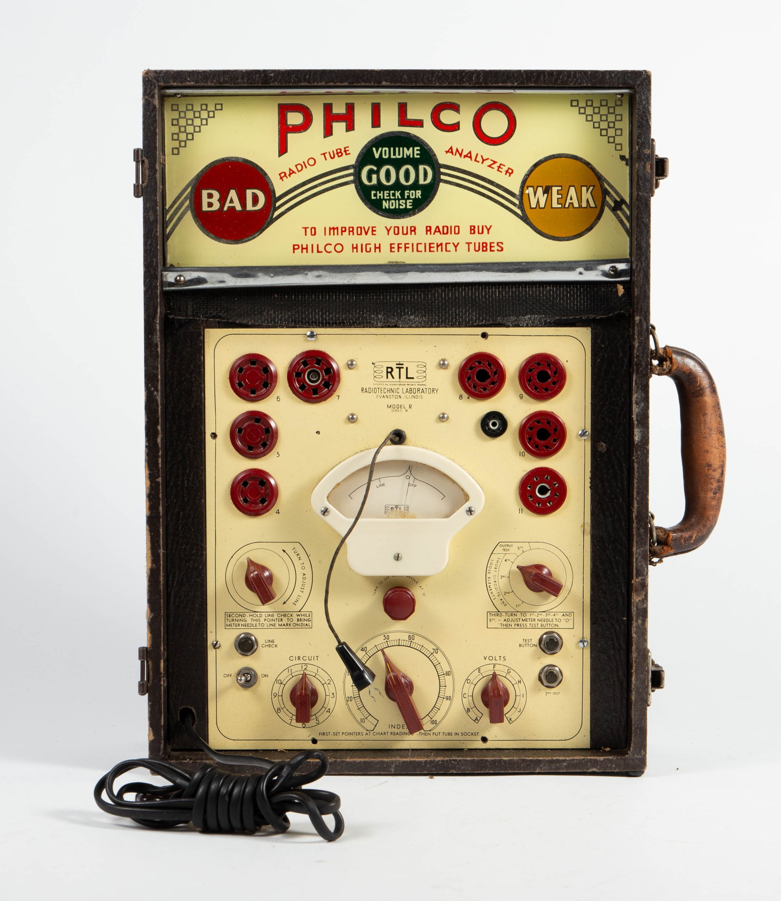 Philco Radio Tube Analyzer by RTL Model R Series B: The vintage tube analyzer was manufactured by Radiotechnic Laboratory (Evanston, Illinois) for Philco. It is model R from series B, and it comes in a leather wrapped carrying case without the top. It 