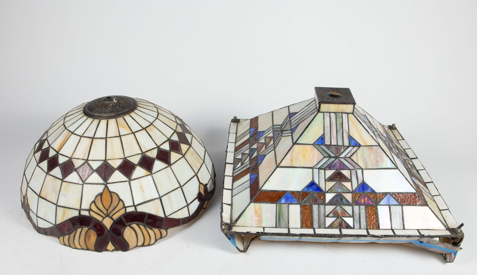 Lot of 2 Stained Glass Lamp Shades, As Is.: The square-shaped shade is As Is; it will need some repair. The dimensions are 19" x 19 1/2" x 12 1/4". The half dome shade looks to be in better cosmetic condition. It measures 17 1/4" x 17 1/4" x