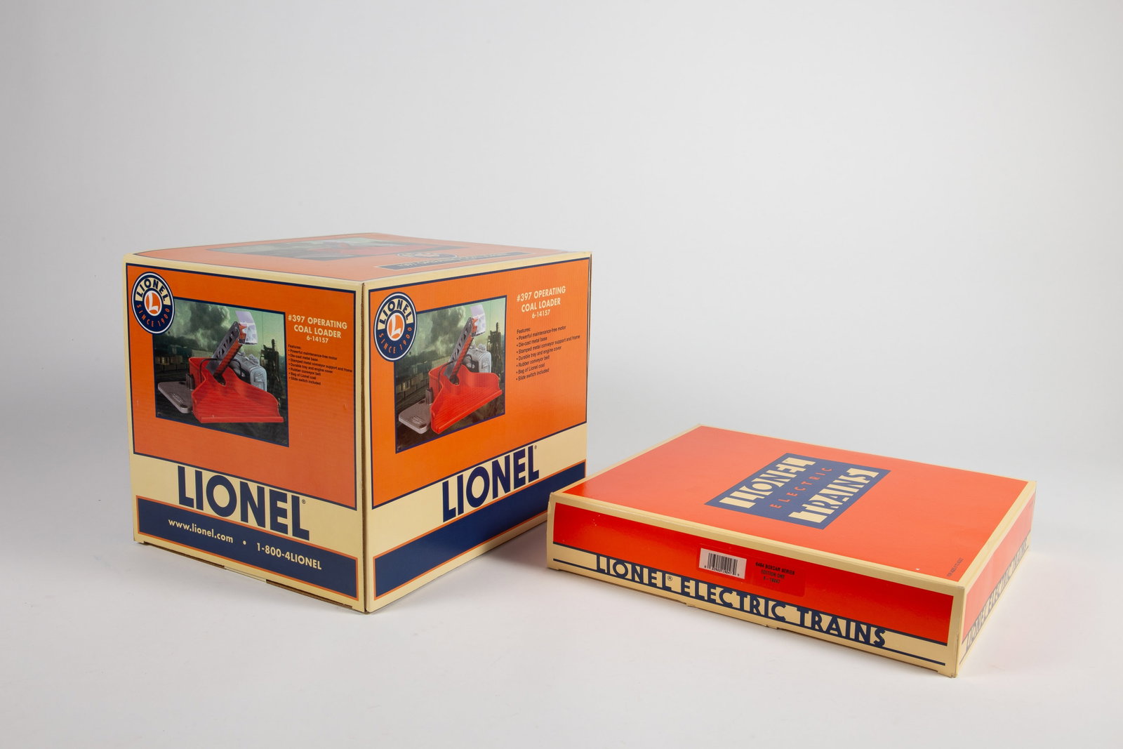 Lionel #397 Operating Coal Loader, 6464 Boxcars.: Both come with original boxes. The larger box is for #397 Operating Coal Loader 6-14157; it measures 10 1/2" x 13 5/8" x 10". The other box contains three smaller boxes from the 6464 Boxcar Series