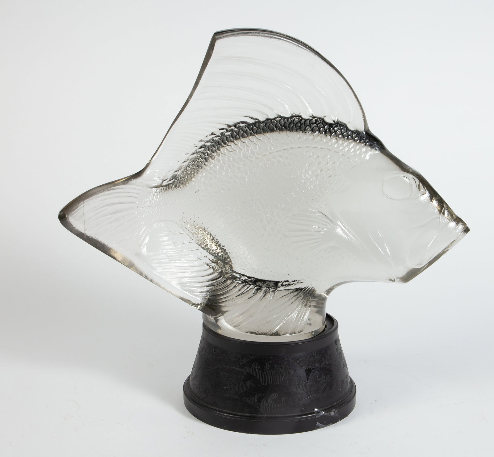 Rene Lalique Gros Poisson Vague Sculptural Lamp.: The edge of the tailfin is signed, "R. Lalique France". This tailfin has a crack, though it does not go all the way through. Overall, the fish presents well. Its dimensions are 16 1/4" x 6" x 12 3/8".