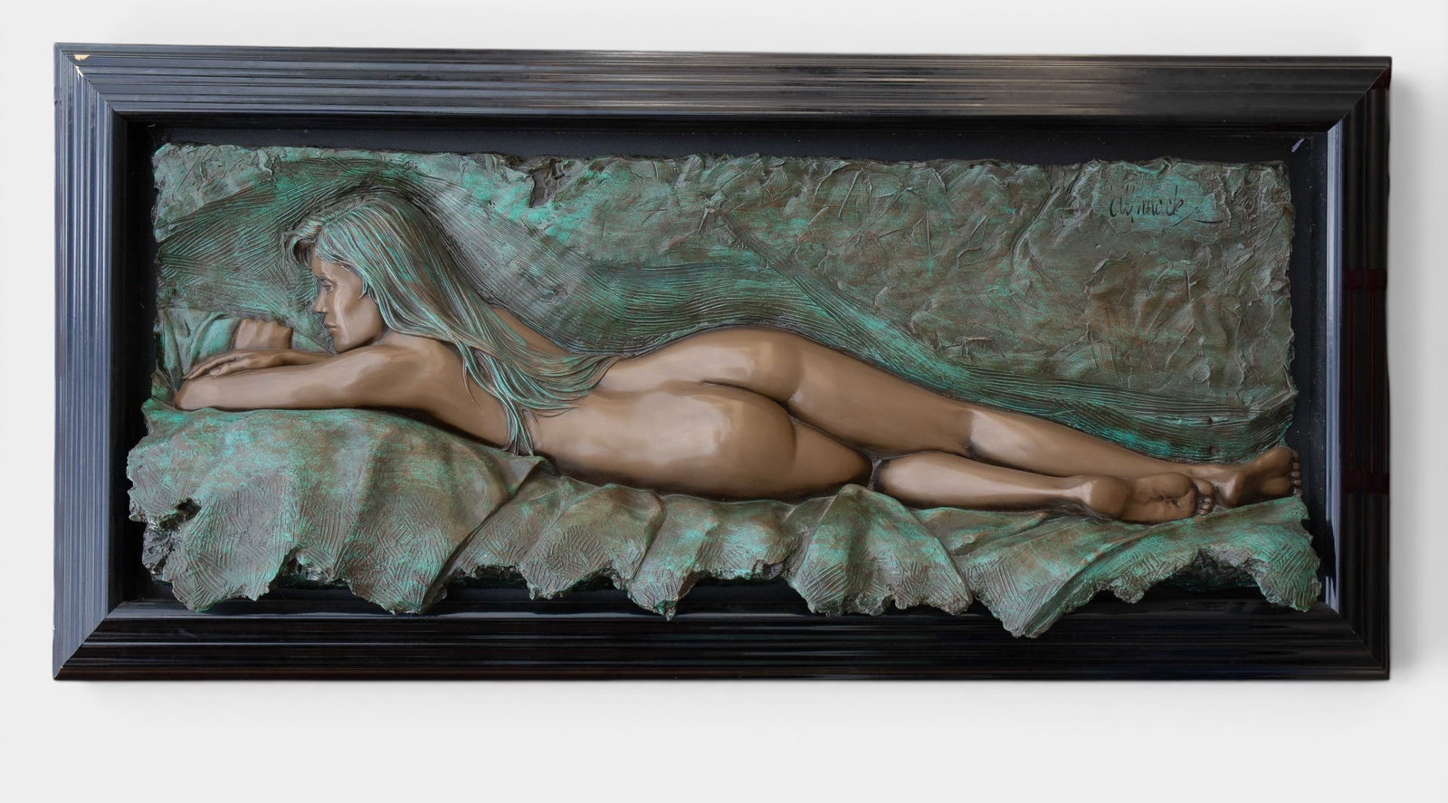 Bill Mack "Contemplation" Nude Relief Sculpture.: The wall hanging relief sculpture by Bill Mack (B. 1949) is titled, "Contemplation" and was first produced circa 1995. The mixed media piece is patinated and made with a "bonded bronze" process. It is