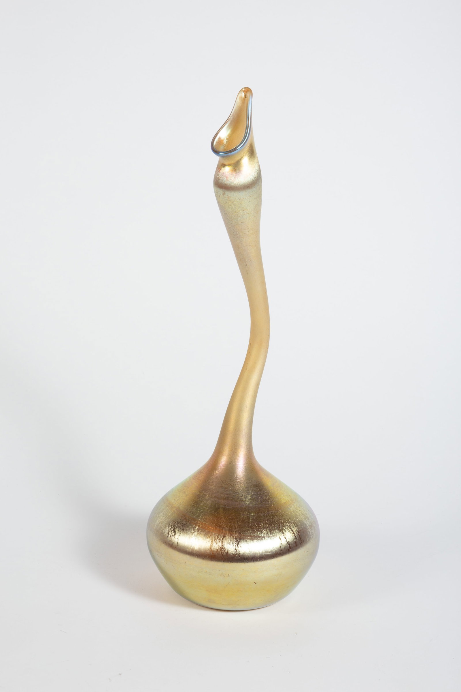 L.C.T. Tiffany Favrile Gooseneck Vase.: The underside is signed, "9347C L.C.Tiffany Favrile". There is a rough spot on the underside, and some small scratches on the neck. Overall, the vase looks to be in good condition. It measures 5" x 5"
