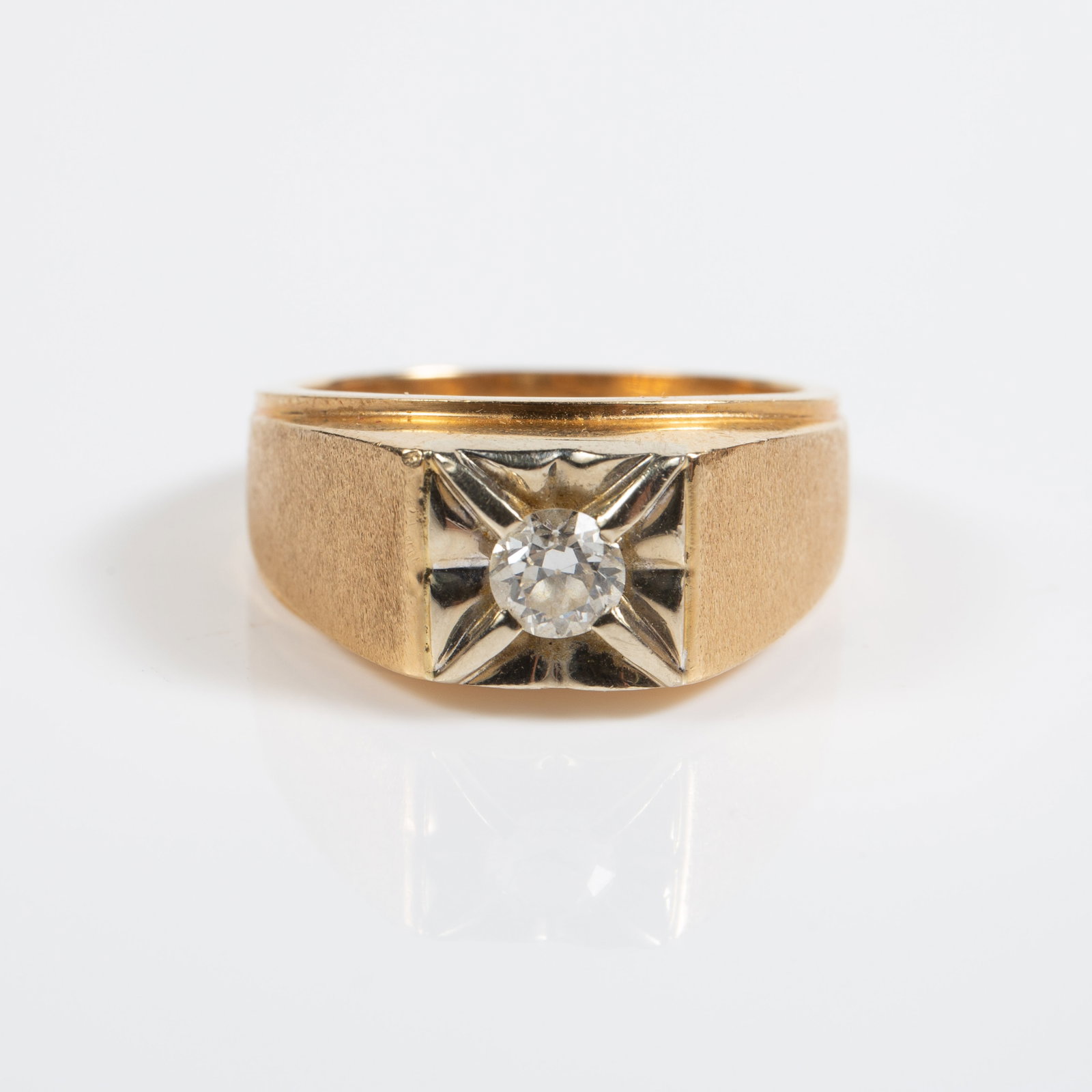 14K Yellow Gold & Diamond Mens' Ring.: The unmarked ring tested appropriately for 14K gold. The diamond measures 4.6mm in diameter, weighing roughly 0.35 Carats. The ring is a size 9, and measures up to 10mm from top to bottom. It weighs 6