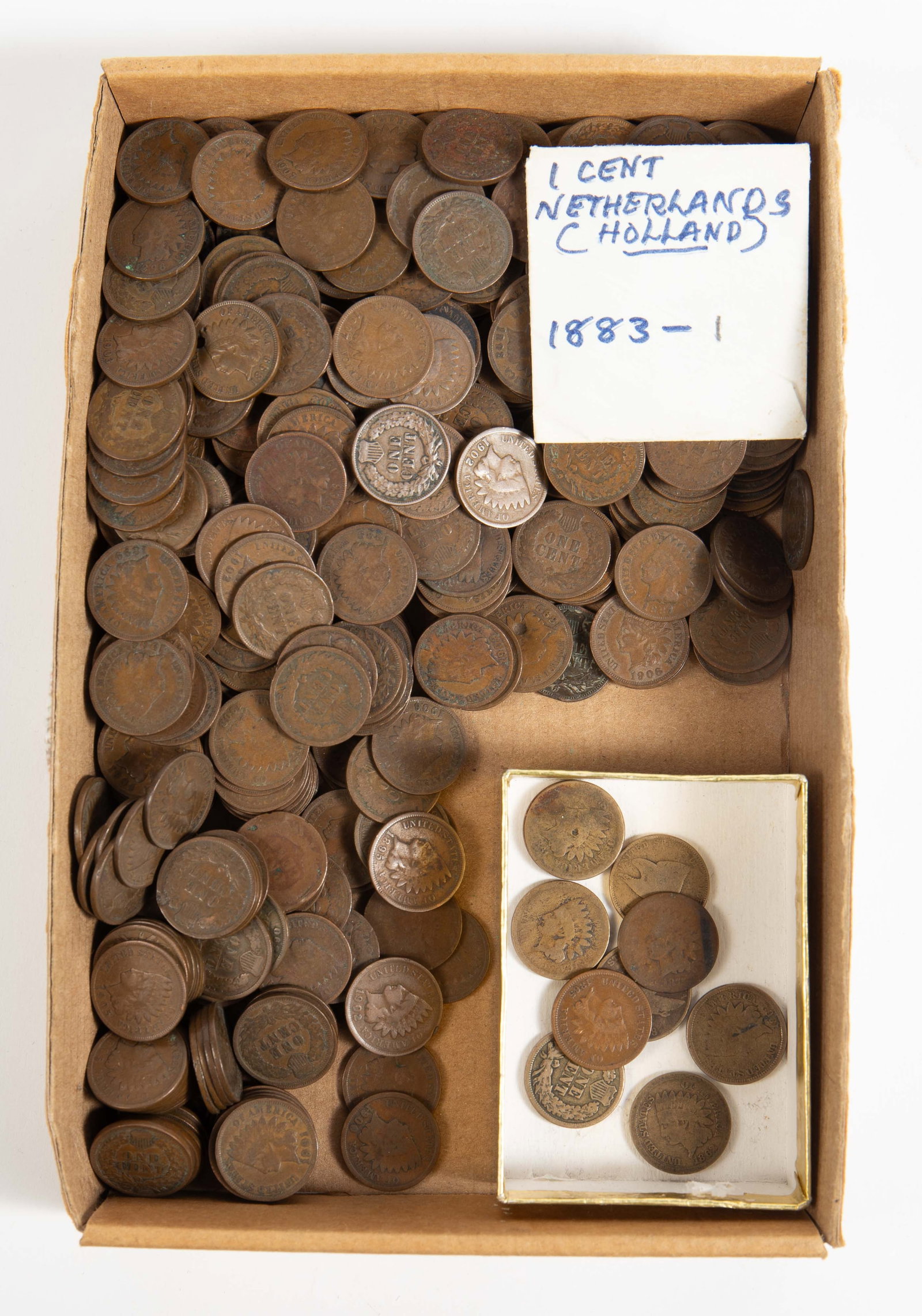 Lot of 589 Indian Head Pennies, Mostly Common.: The lot contains 592 cents,of which 589 are Indian head pennies mostly from 1890s - 1909. The oldest ones are 1859, 1861, 1862 (3), 1865, and 1875. There are also 2 Flying Eagle cents from 1857 and 18