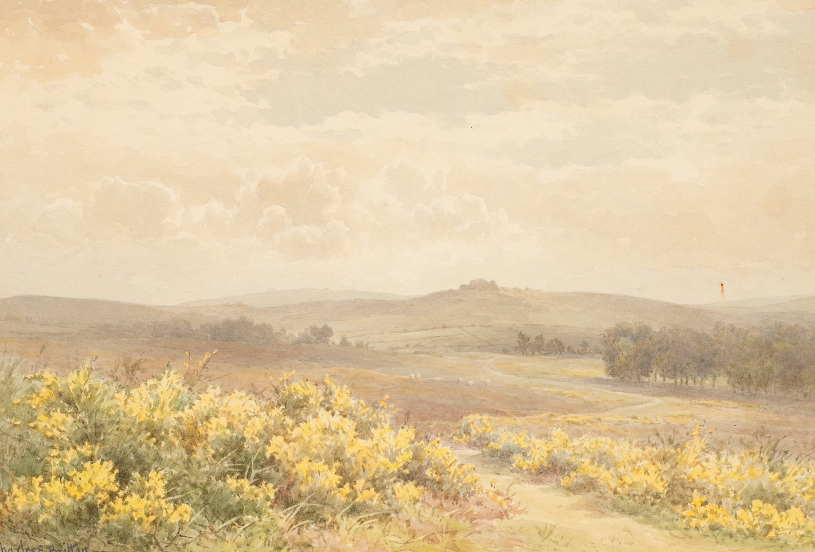 Spring Landscape Painting by Charles Brittan Jr.: Artist(s): Charles Edward Brittan Jr. (English, 1870-1949). Medium: Watercolor painting. Signature(s): Lower left. Paperwork/Provenance: N/A Condition: Minor foxing and a spot of discoloration, middle