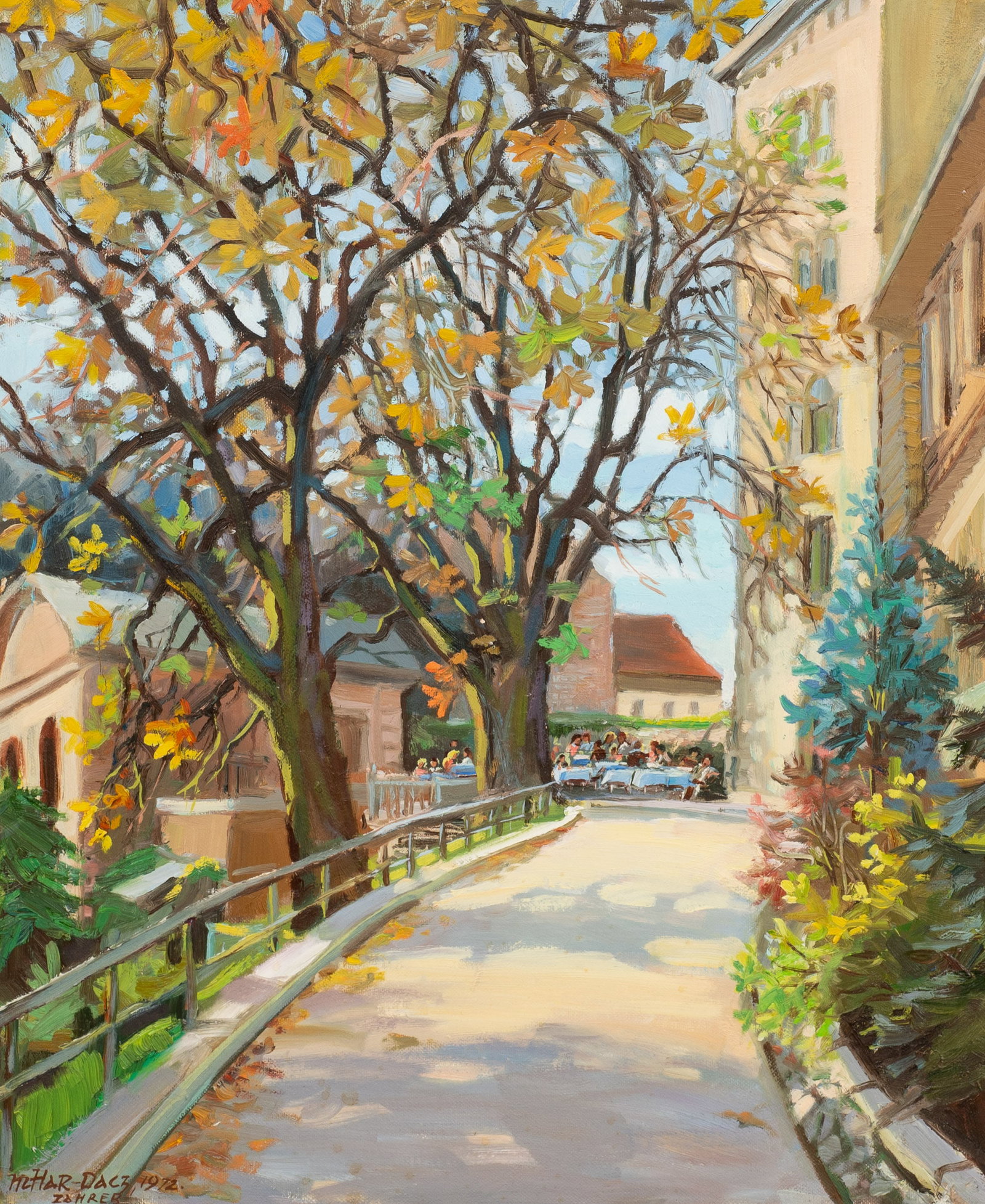 Croatian Town, Maria Harasowska-Daczyszyn.: Artist(s): Maria Harasowska-Daczyszyn (Ukrainian, 1911-2000). Medium: Oil painting on canvas. Signature(s): Signed and dated from 1972, lower left. Signature and location inscribed en verso. Paperwork
