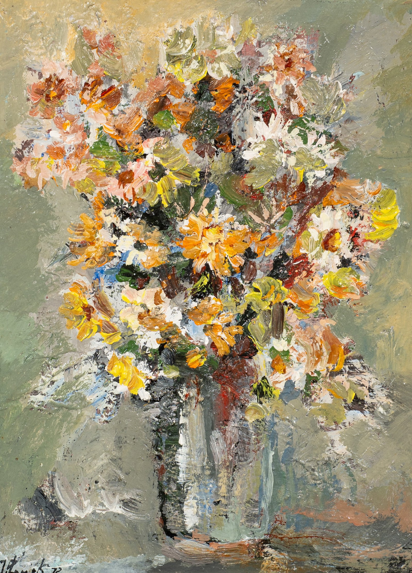 Impressionist Still Life Painting, J. Zowak.: Artist(s): Unknown, 20th century. Medium: Oil painting on board. Signature(s): "J. Zowak, '72". Paperwork/Provenance: N/A Condition: Surface grime and a spot of flaking paint to the upper right corner