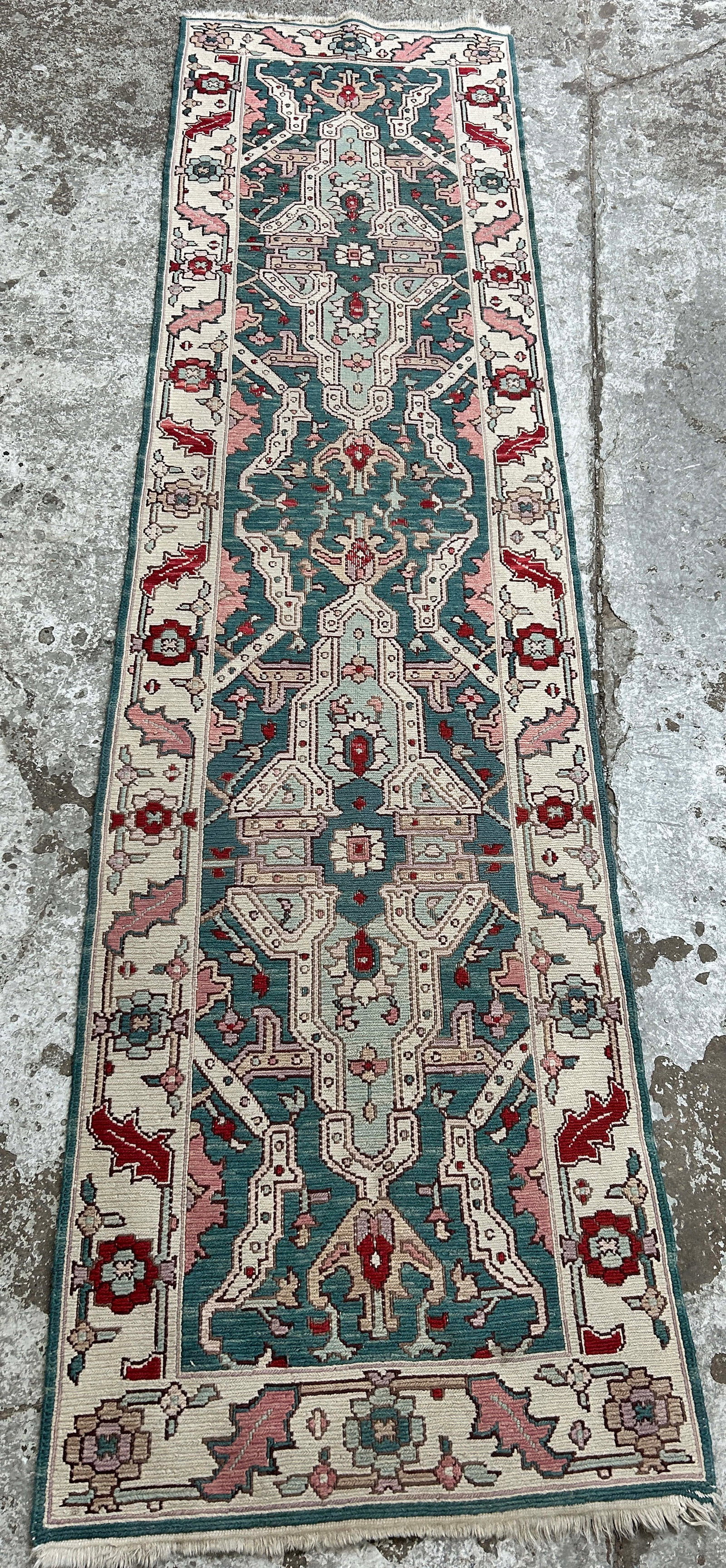 2' 7" x 10' 2" Green Soumak Runner Rug.: The rug looks to be in good overall condition. In-House Shipping is available for this rug. Please see our website for our in-house shipping procedures.