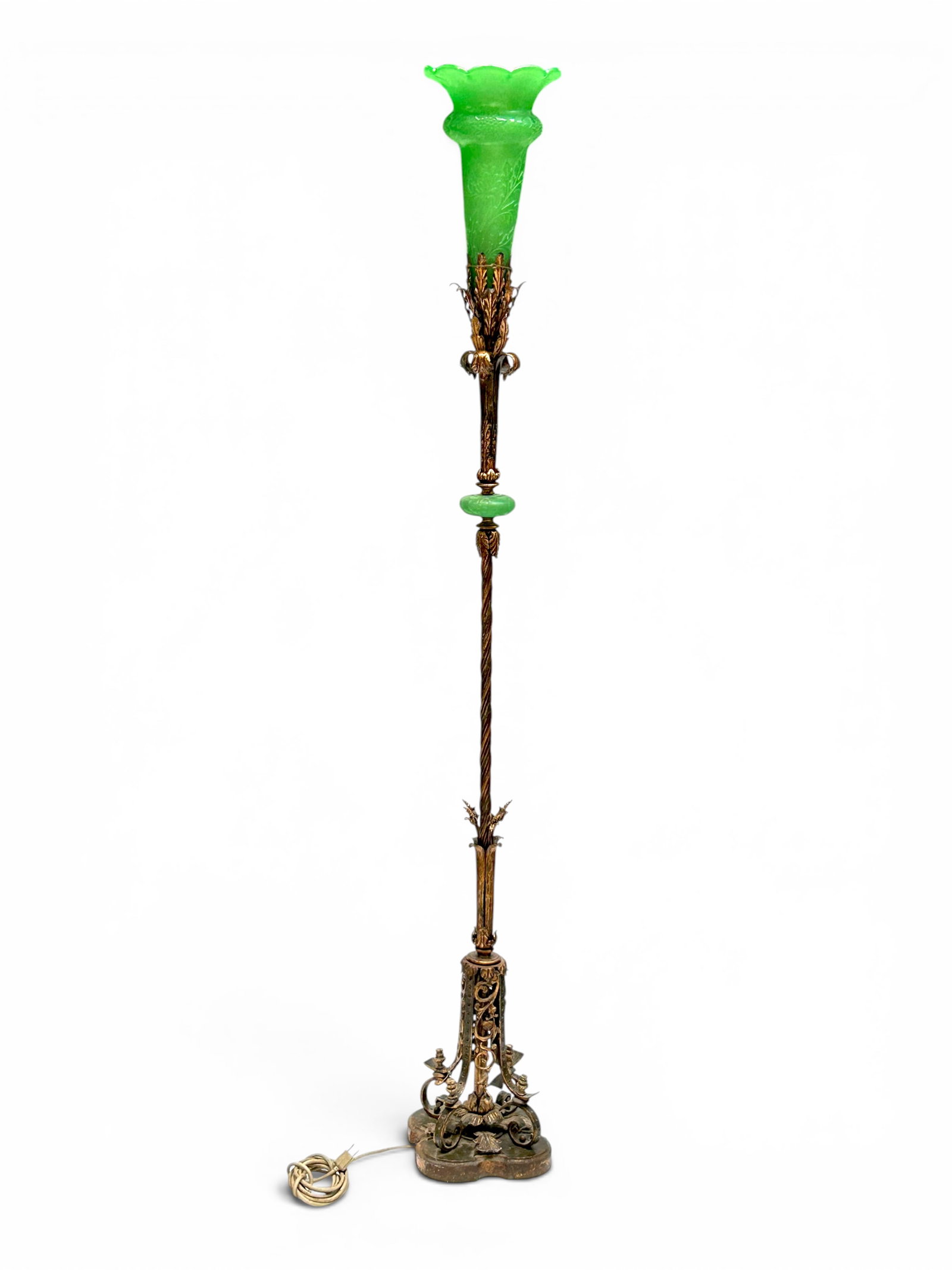 Steuben Acid Cut Bronze ? Torchier Floor Lamp.: The heavy torchier floor lamp is marked MA 80 on the underside. The glass shade and disk are attributed to Steuben. It uses a variety of metals throughout, some which attract a magnet, and others
