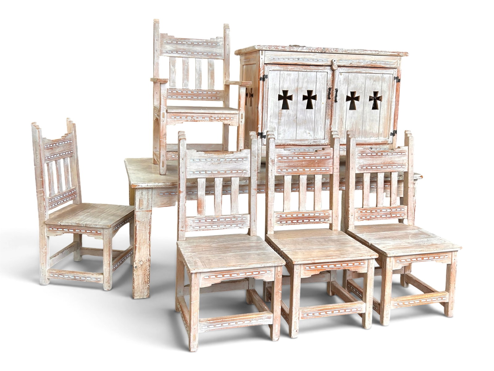 Rustic Whitewashed Pine Wood Dining Set, 7 Pcs. (1 of 20)