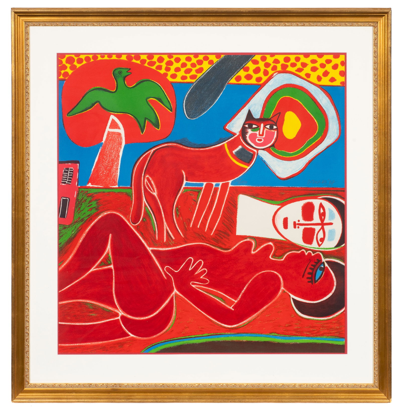 Le Chat Rouge, Large Signed Corneille Lithograph.: Artist(s): Corneille Guillaume Beverloo (Belgian-Dutch, 1922-2010). Medium: Lithograph in colors. Signature(s): Pencil signed and numbered (15/150), middle right. Paperwork/Provenance: N/A Condition: 