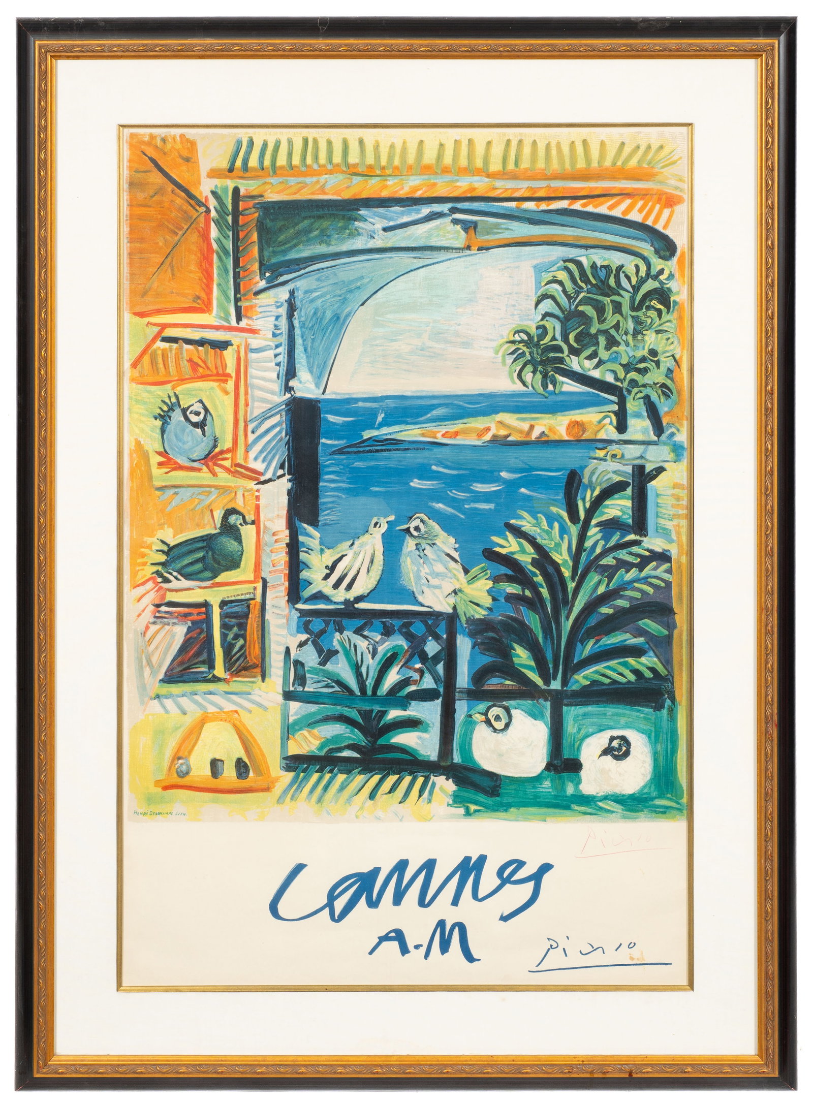 Cannes / Cote D'Azur Poster, Picasso & Deschamps.: This lot contains a Cannes A. M / Cote D' Azur Pablo Picasso and Henri Dechamps lithographic poster. It bears a signature after Picasso in colored pencil, lower right. Paperwork/Provenance: N/A Condit