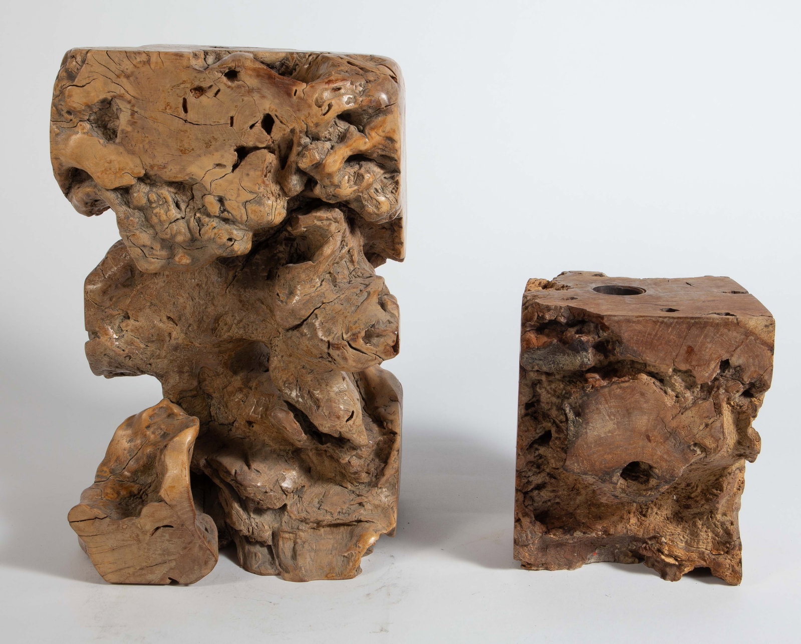 Lot of 2 Small Wood Root Burl Pedestals, 12", 8".: They look to be in overall good condition. The larger one measures 9" x 8 3/4" x 13 1/2". The smaller one measures 5 3/4" x 6 1/8" x 7 5/8". In-house shipping is available. Please see our website rega