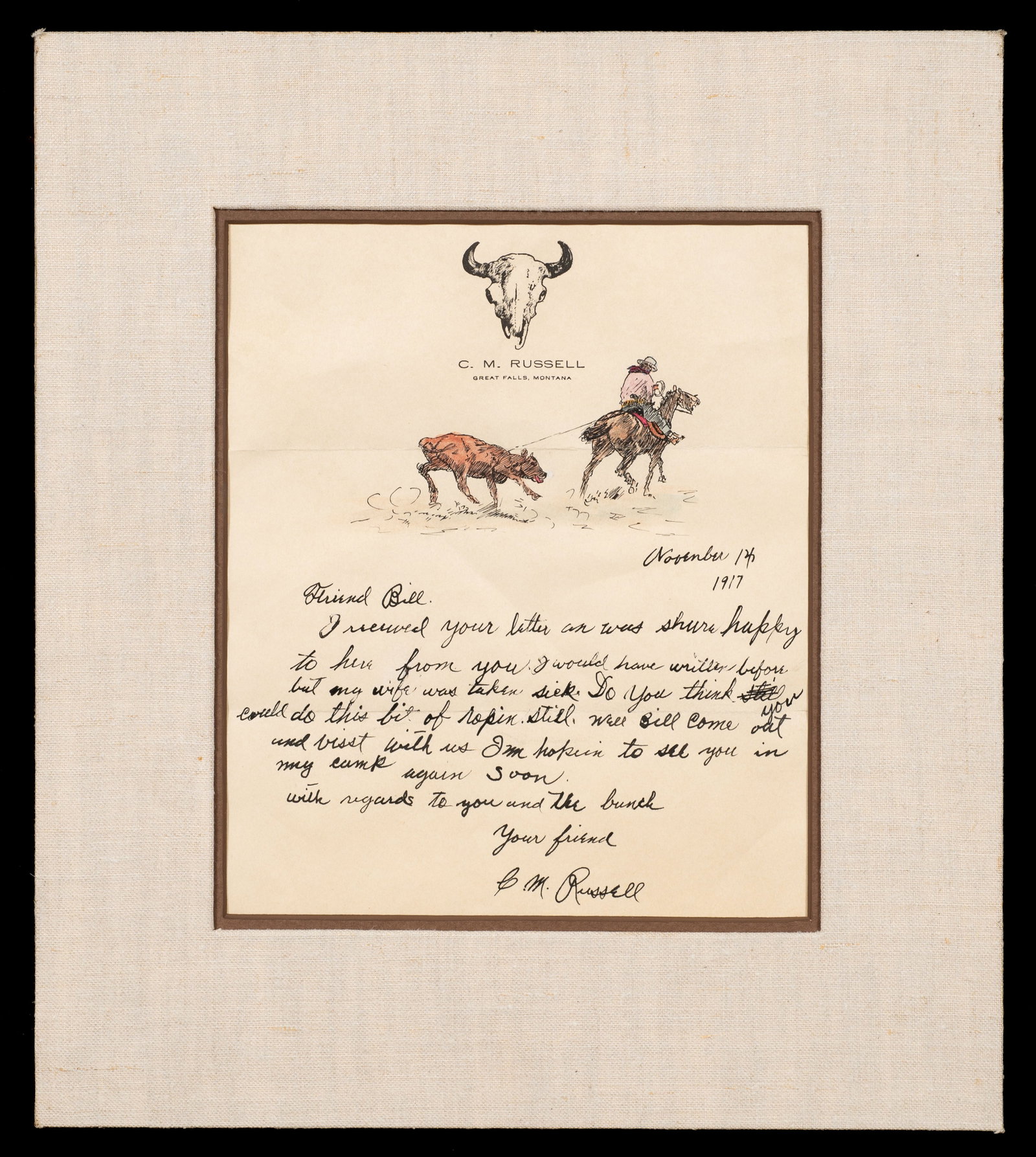 Reproduction of Charles M. Russell Letter.: This lot contains a reproduction C. M. Russell letter with a southwestern ink and watercolor drawing at its header. It is housed in matting. Paperwork/Provenance: N/A Condition: Signs of toning and