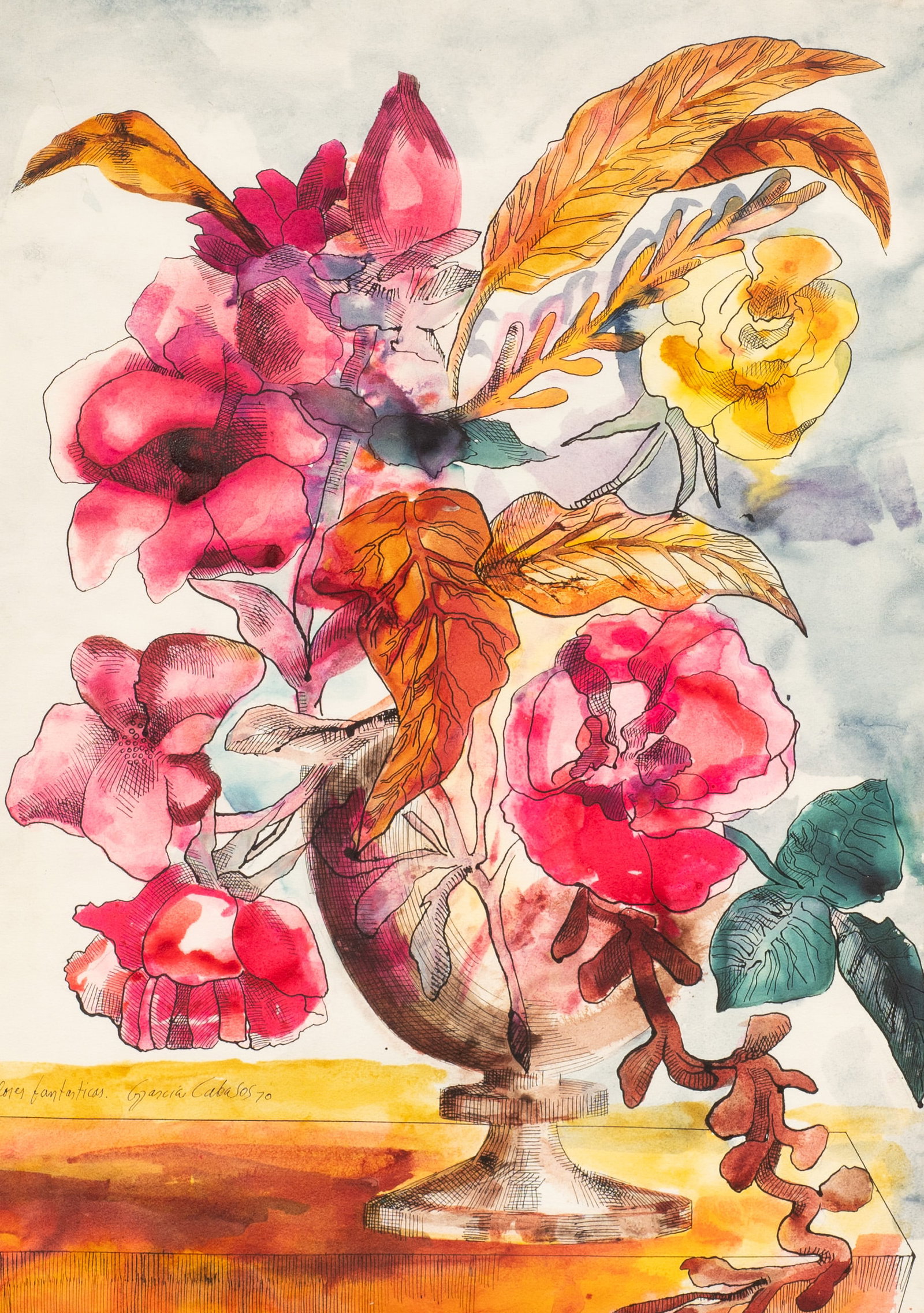 Still Life Watercolor, Cesar Garcia Cavazos.: Artist(s): Cesar Garcia Cavazos (Mexican, b. 1946), "Flores Fantasticas". Medium: Watercolor and ink on paper. Signature(s): Signed and titled lower left. Paperwork/Provenance: N/A Condition: A few cr