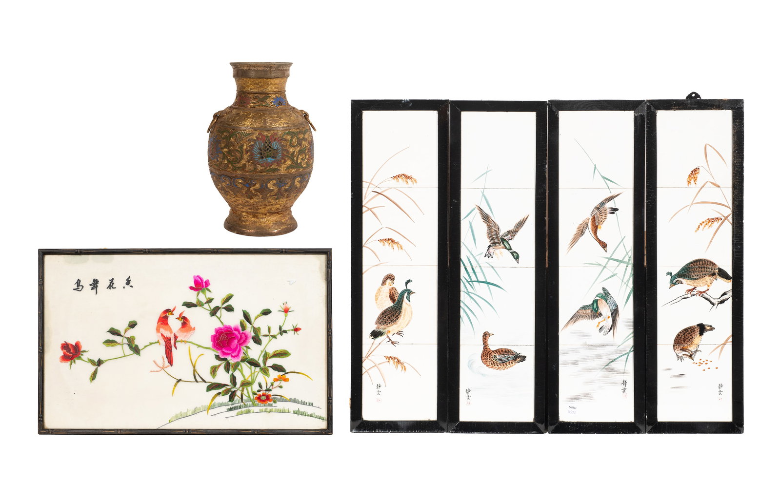 6 Pcs. Asian Items - Champleve Vase, Embroidery.: The lot contains 6 Asian items. There is a champleve bronze vase, a framed bird and flower embroidery on silk, and 4 Japanese framed and signed porcelain tile paintings. The vase measures 12" tall and