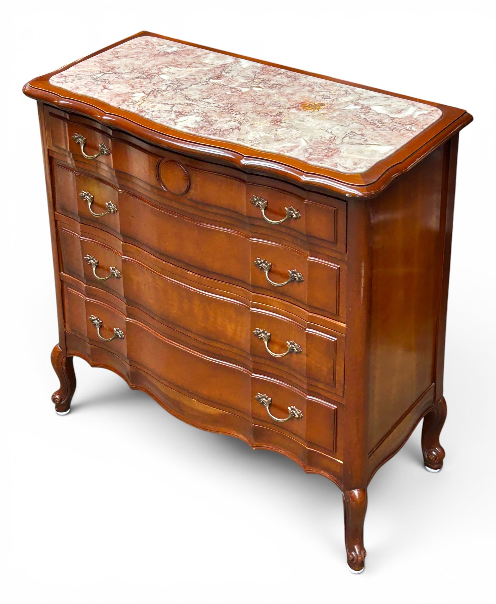 Vintage Marble Top Chest of Drawers w/ Scroll Legs: The small chest of drawers or dresser has a stylized carved serpentine style front, a pink inlaid marble top, 4 drawers with brass pulls, and scrolled legs. It measures 32 3/8" x 32" wide, and 16"