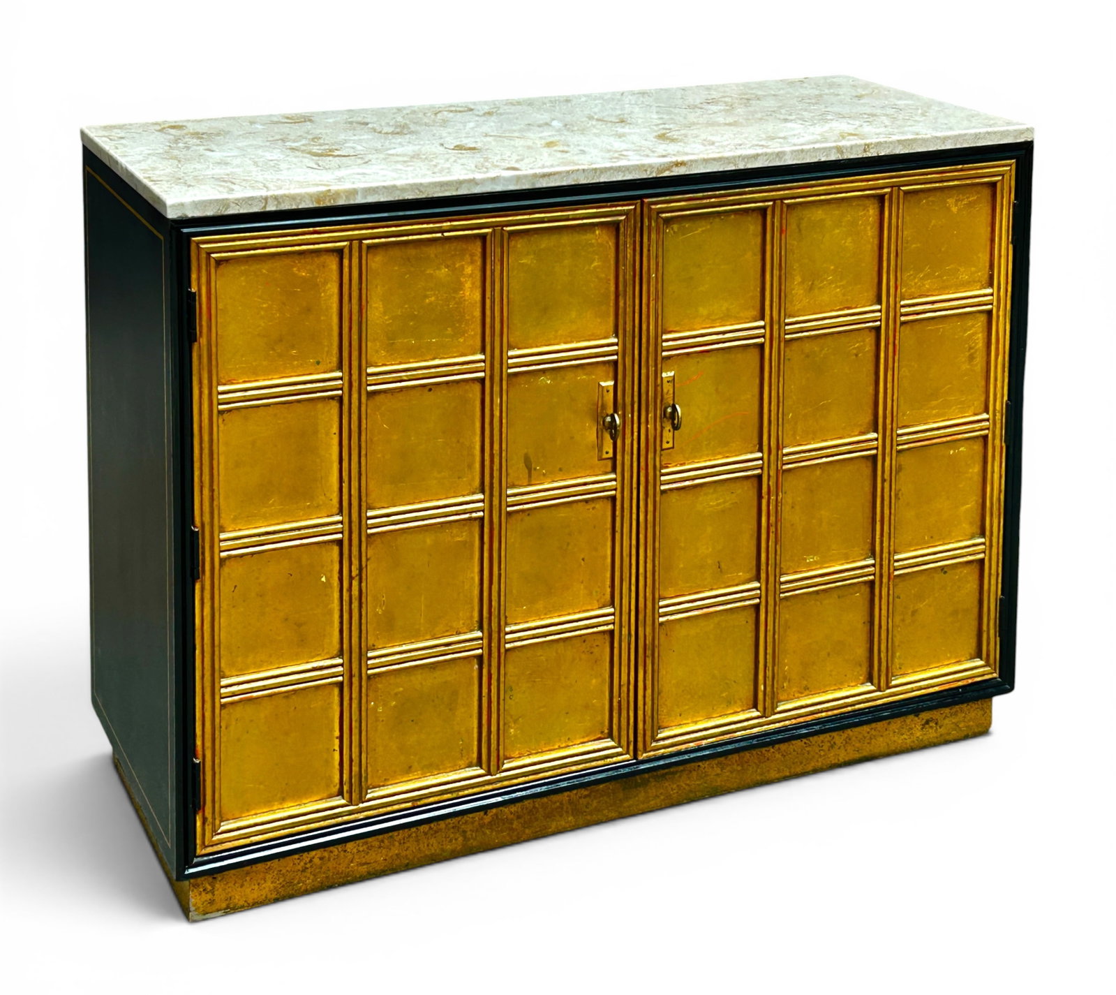 MCM Marble Top Credenza Cabinet, Medallion Limited: The cabinet has black painted sides with a gilded border, and fully gilded front doors with one shelf inside. The cream-toned marble top can be separated from the cabinet for transport. The piece is i