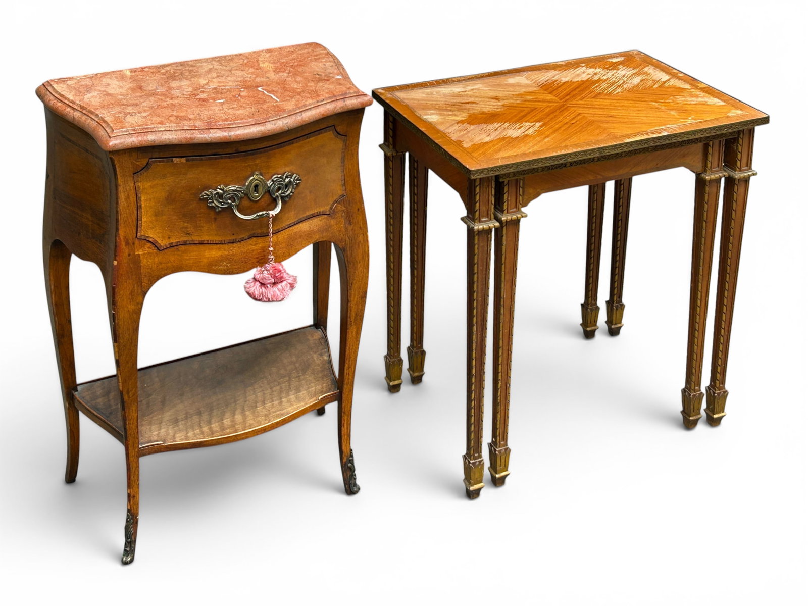 French Marble Top Nightstand & Nesting Tables.: The nightstand or side table has a bevelled marble top, a single drawer with an ornate brass pull, cabriole legs, and a lower shelf. It has some veneer loss (mostly on the edges of the legs). The piec