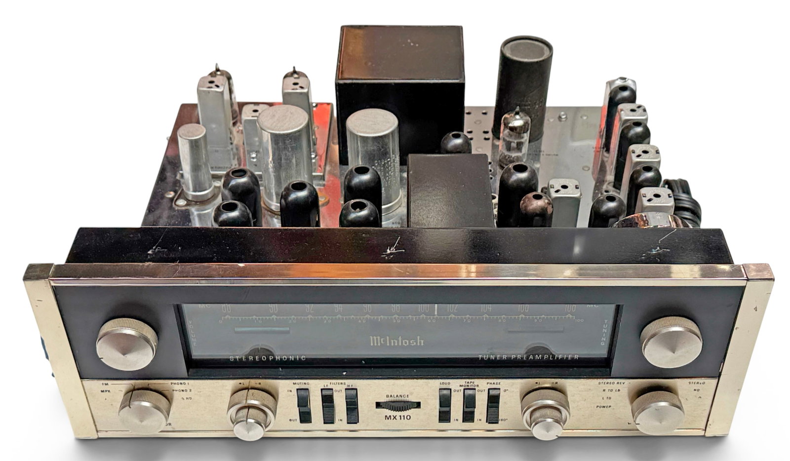 McIntosh MX110 Stereophonic Tuner Preamplifier.: The vintage preamplifier comes with the power cord with no exposed wires. It has not been tested. It measures 5 1/8" x 15 5/8" x 13 1/4". It is missing the case, and has some scratches. Otherwise, it 