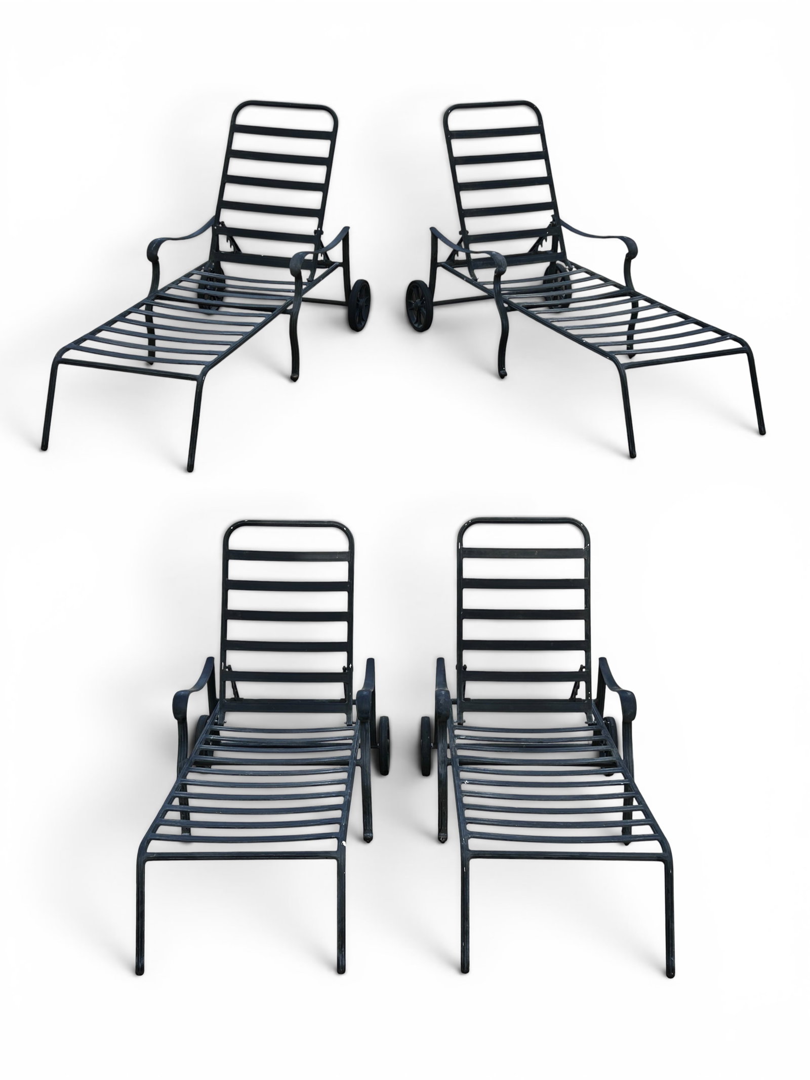 Agio Set of 4 Metal Pool Loungers w/ Wheels.: The set of heavy black metal manual reclining pool loungers have arms and 2 large wheels on the back. They have sticker labels which read Agio Made in China. Each piece measures 21" tall, 68" long, an