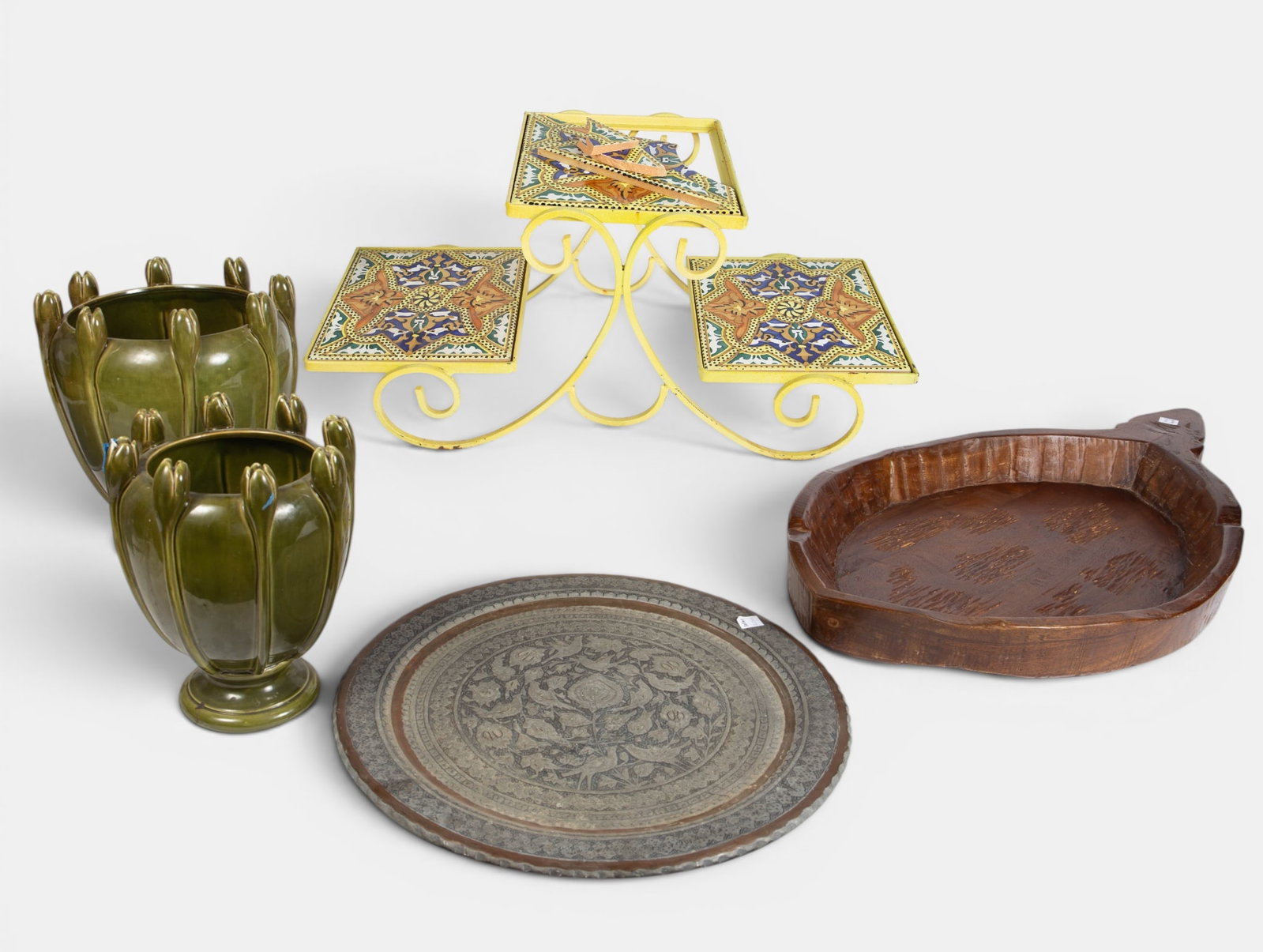 Lot: Italian Pottery Vases, Tiered Plant Stand.: The tiered plant stand is As Is- one of the tiles will need to be either repaired or replaced. It is the largest item in the lot, measuring 23 3/8" x 8 7/8" x 11 1/8". The pair of Italian vases has so
