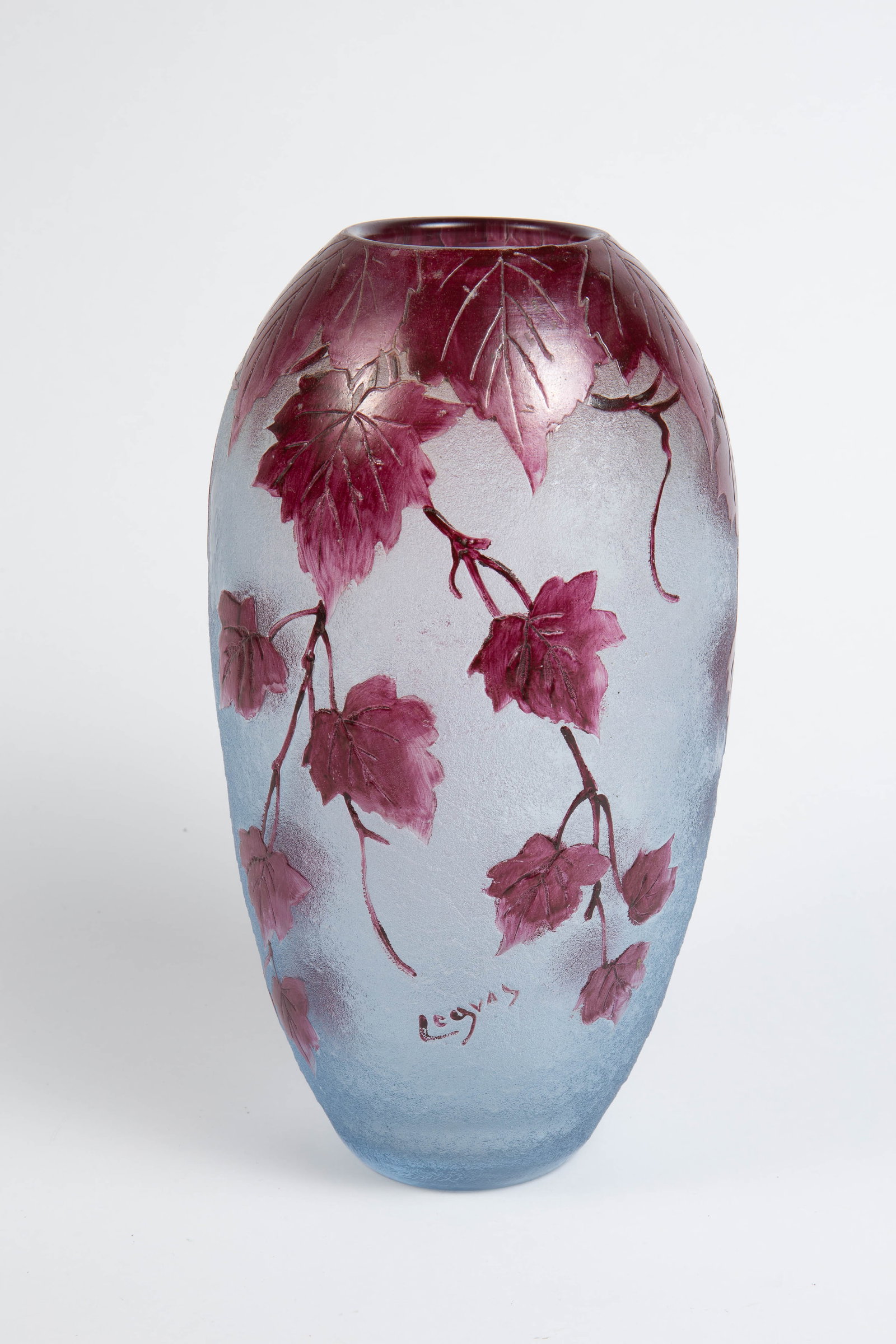 Legras 11" Cameo Glass Vase w/ Purple Leaves.: It looks to be in overall good condition, with a rough patch along the rim. It measures 5 7/8" x 5 7/8" x 11 1/8". In-house shipping is available. Please see our website regarding in-house shipping