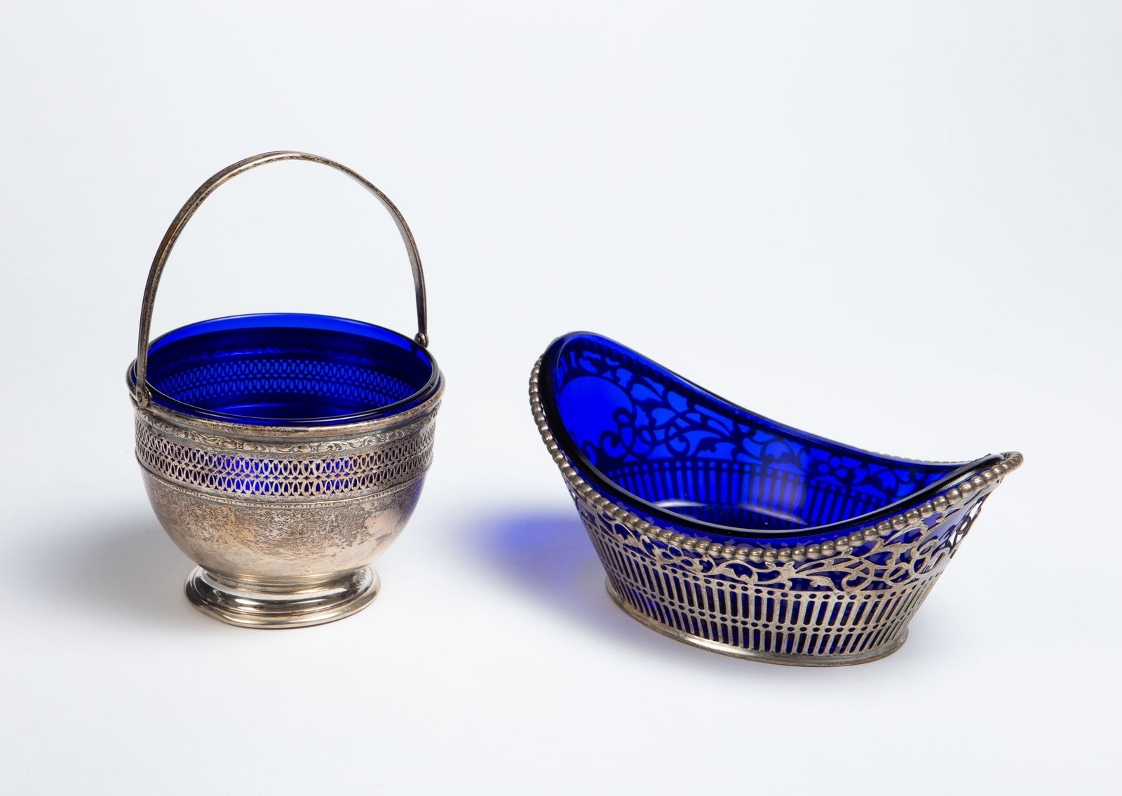 2 Silver Baskets w/ Cobalt Glass Inserts. (1 of 10)