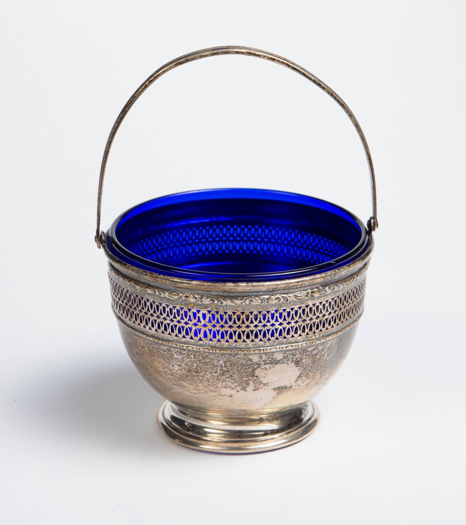 2 Silver Baskets w/ Cobalt Glass Inserts. - 2