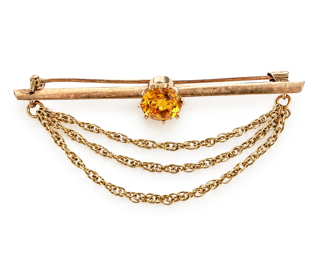 Antique 10K Gold & Citrine Bar Pin w/ Chains.: The Victorian or Edwardian brooch or pin is unmarked, but tested appropriately for 10K gold. The bar has a central solitaire round citrine stone, which measures 9mm in diameter, and weighs roughly 2.8