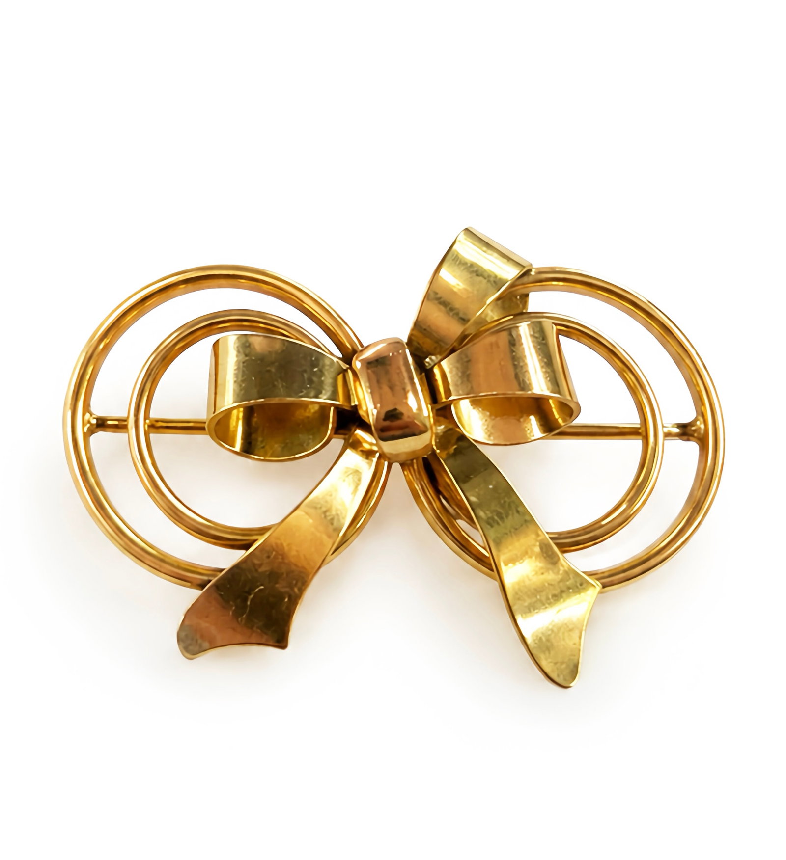 14K Multi-Tone Gold Bow Brooch, ESEMCO.: The brooch is marked 14K on the latch, and ESEMCO on a plaque on the back. The piece depicts a couple of double circles with a bow on them. The circles are one tone, and the bow has two distinct gold