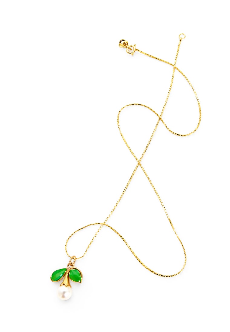 14K Gold Necklace w/ Jade & Pearl Pendant.: The chain is marked 14K Italy, and the pendant is marked 585 14K. The pendant depicts a flower with a pearl as the blossom, and jade stones as the leaves. The pendant measures 5/8" x 5/8", and the cha