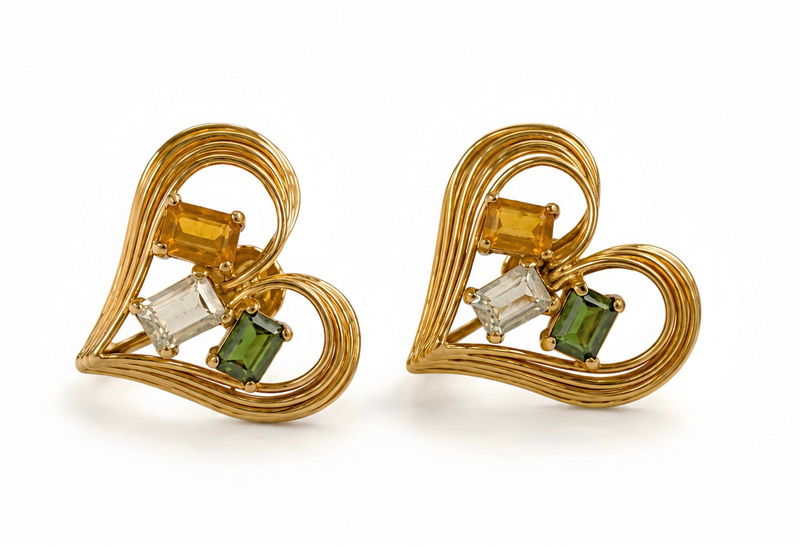 14K Yellow Gold Heart Earrings w/ Stones.: The screw back earrings are marked 14K near the posts. They each have 3 baguette cut stones including citrine, a very light blue topaz, and green tourmaline. Each earring measures 20mm x 22mm. The