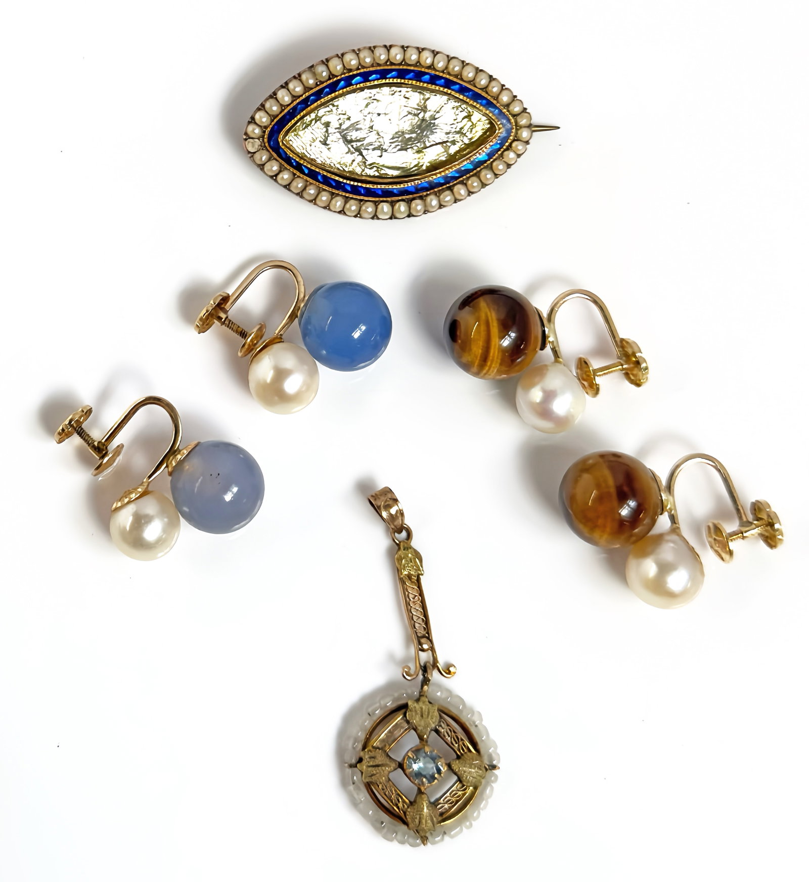 Lot of 10K & 14K Gold Items - Earrings, Victorian.: The lot contains 4 pieces of gold jewelry. There are 2 pair of screw-back 14K gold earrings with pearls. One pair also has tiger eye beads, and the other has chalcedony beads. Next, there are two anti