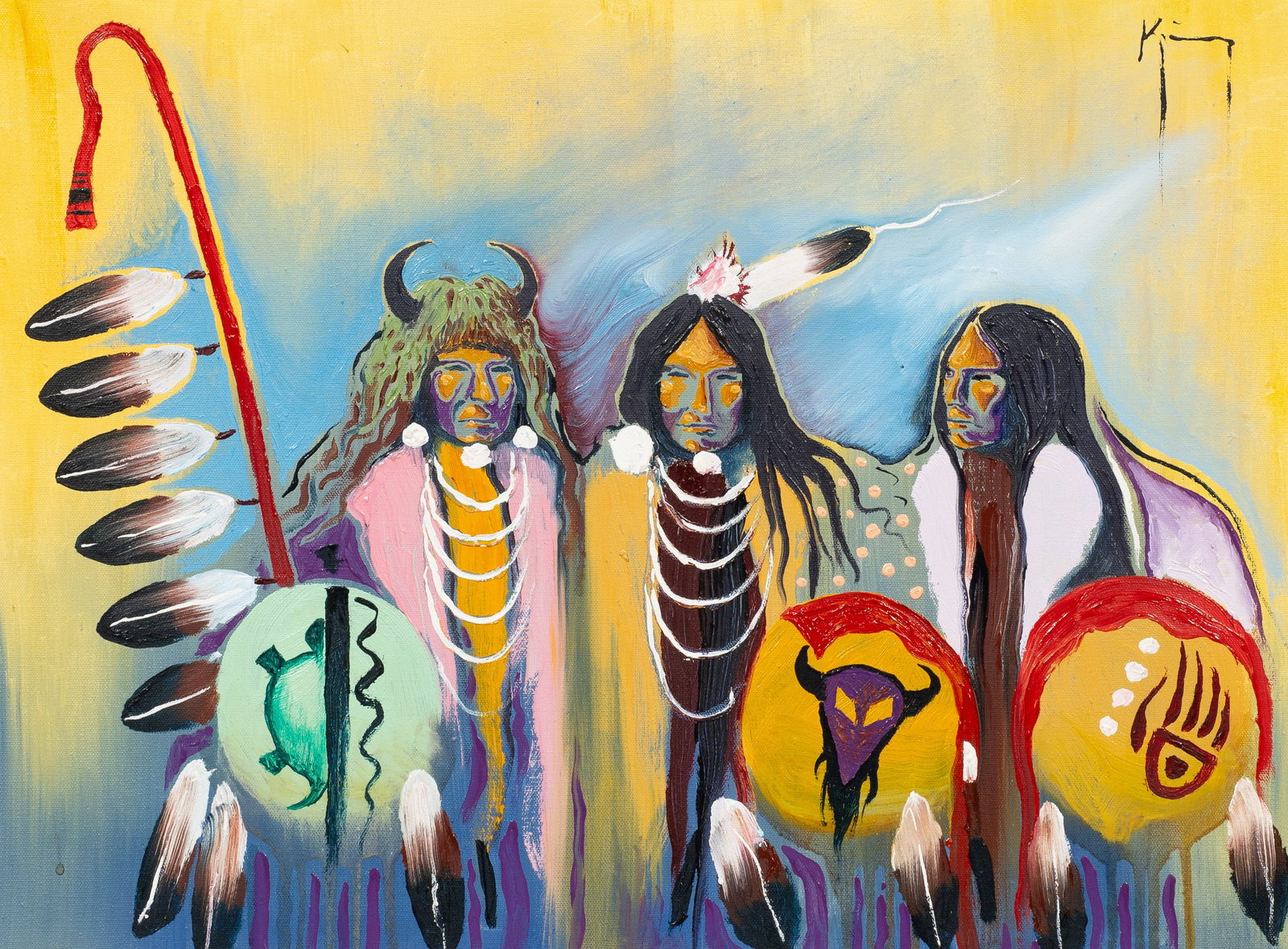 Three Nation Pact, Painting by Bruce King.: Artist(s): Bruce King (Oneida, 1950-2019). Medium: Oil painting on canvas. Signature(s): Upper right. Titled and signed en verso. Paperwork/Provenance: N/A Condition: Some signs of surface grime. Mino