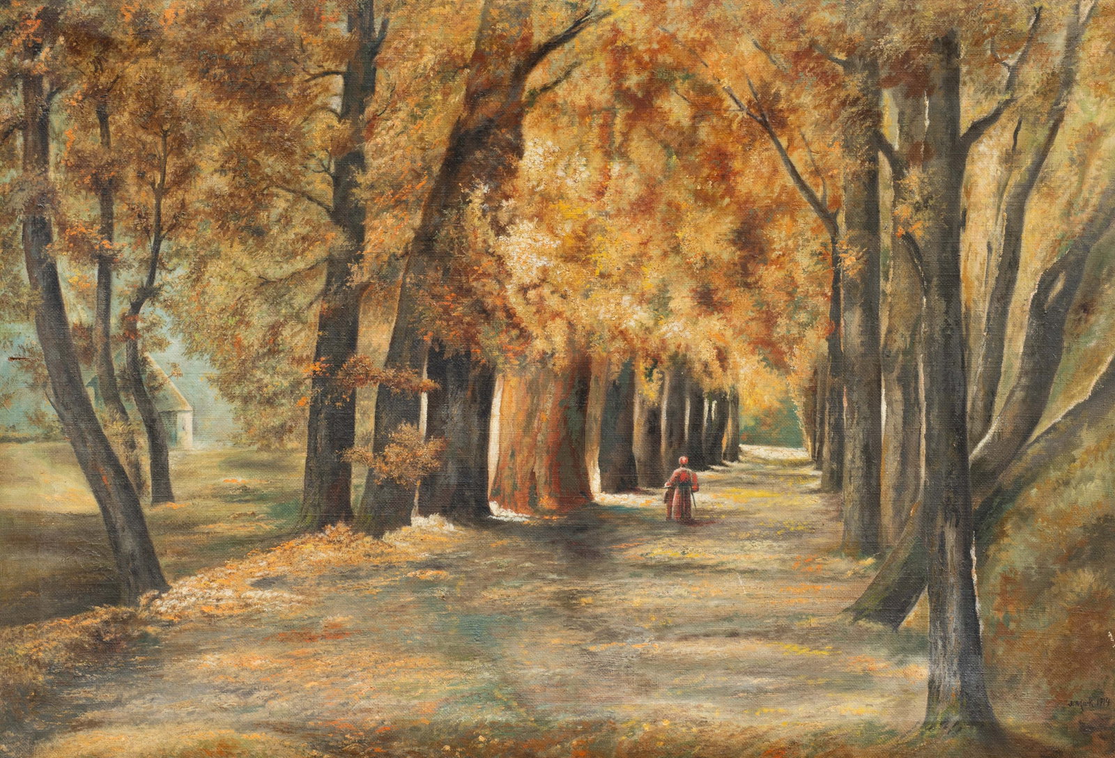 Large Antique Painting of Wooded Path, J. Murk.: Artist(s): Unknown, 19th/20th century. Medium: Oil painting on canvas. Signature(s): "J. Murk, 1914", lower right. Paperwork/Provenance: N/A Condition: Two mended patches to the upper right and lower 