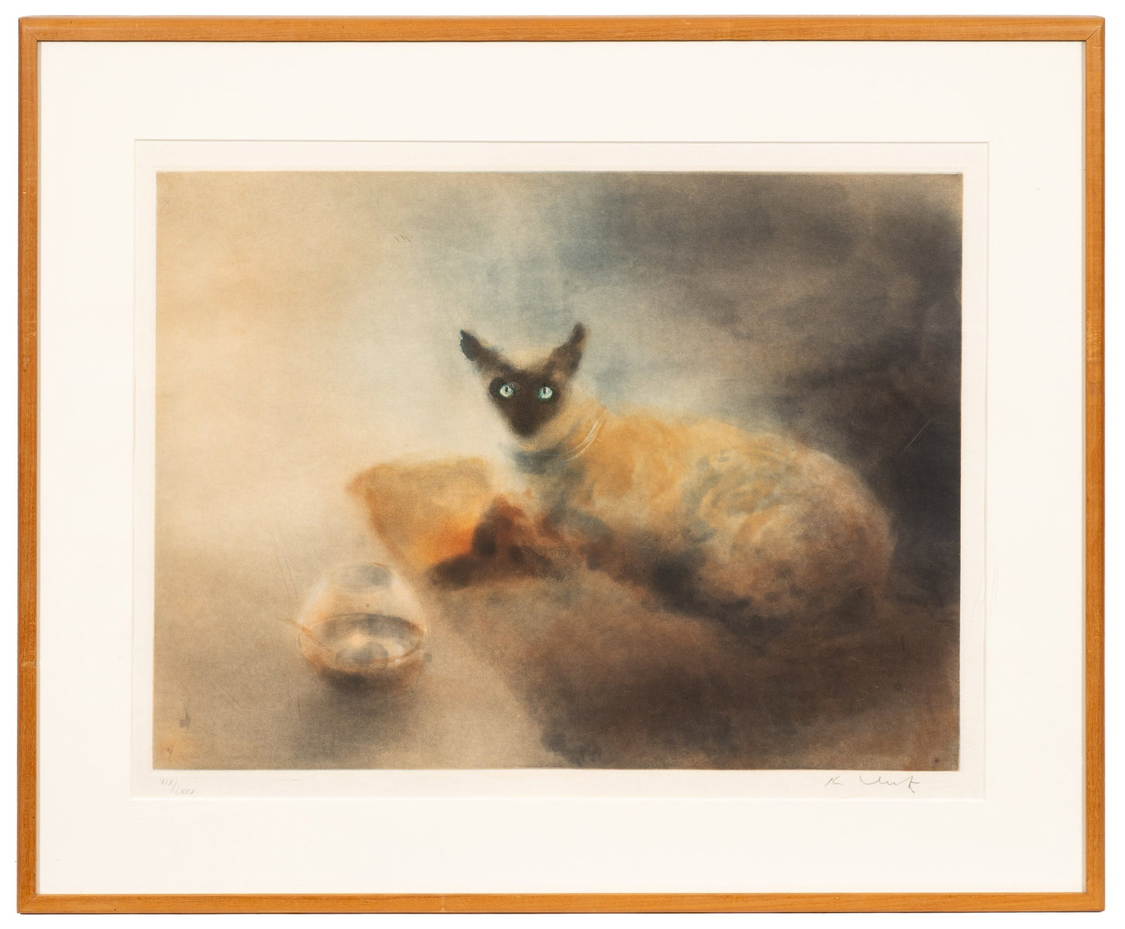 Etching of Siamese Cat by Kaiko Moti.: Artist(s): Kaiko Moti (Indian, 1921-1989). Medium: Etching with aquatint. Signature(s): Lower right. Numbered XIX/LXXV (19 out of 75). Paperwork/Provenance: N/A Condition: Two spots of discoloration t