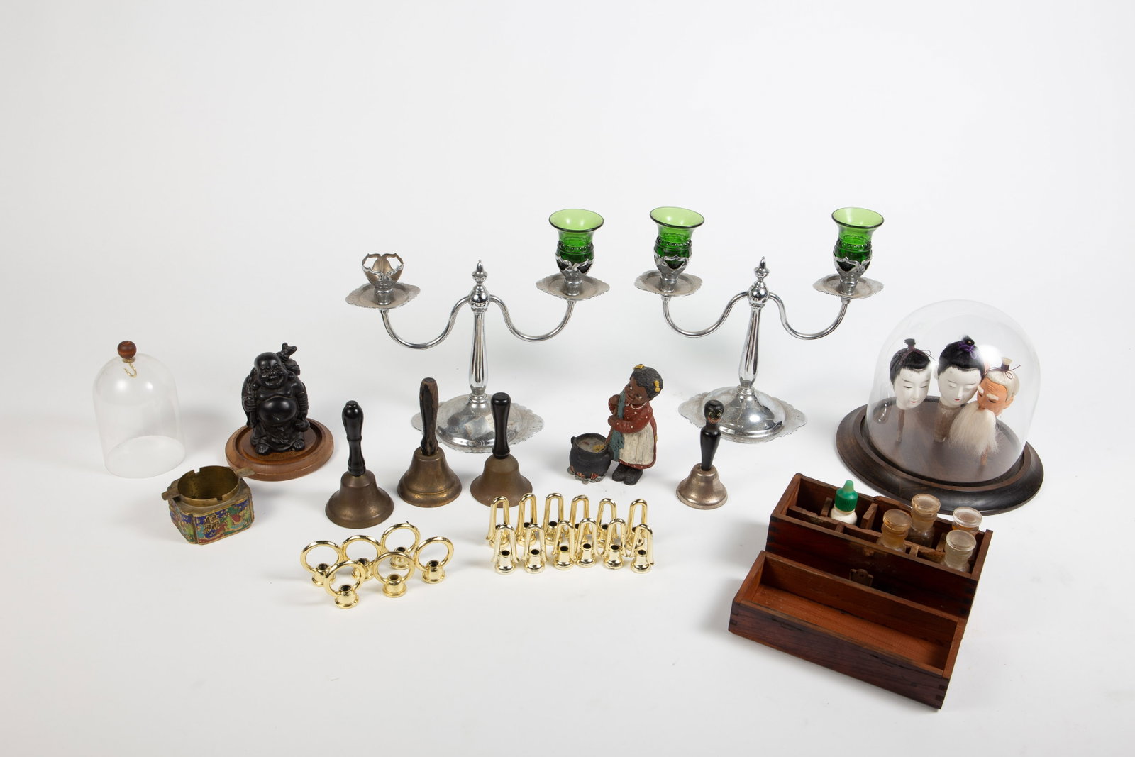 Lot: Asian Doll Heads, Buddha Figure, Candelabra. (1 of 17)
