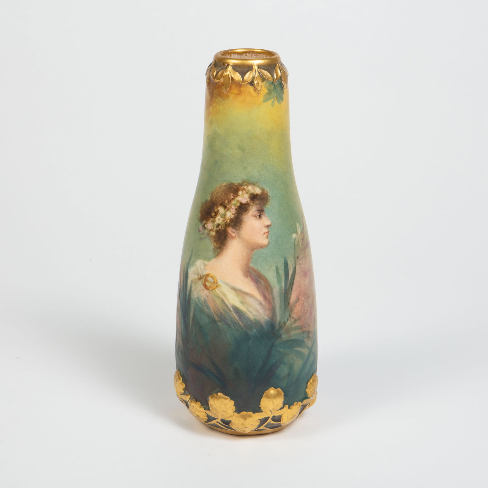 Royal Bonn 7" Vase w/ Woman's Portrait.: There is some crazing present, but overall, the piece looks to be in good condition. It measures 2 7/8" x 2 7/8" x 7". In-house shipping is available. Please see our website regarding in-house