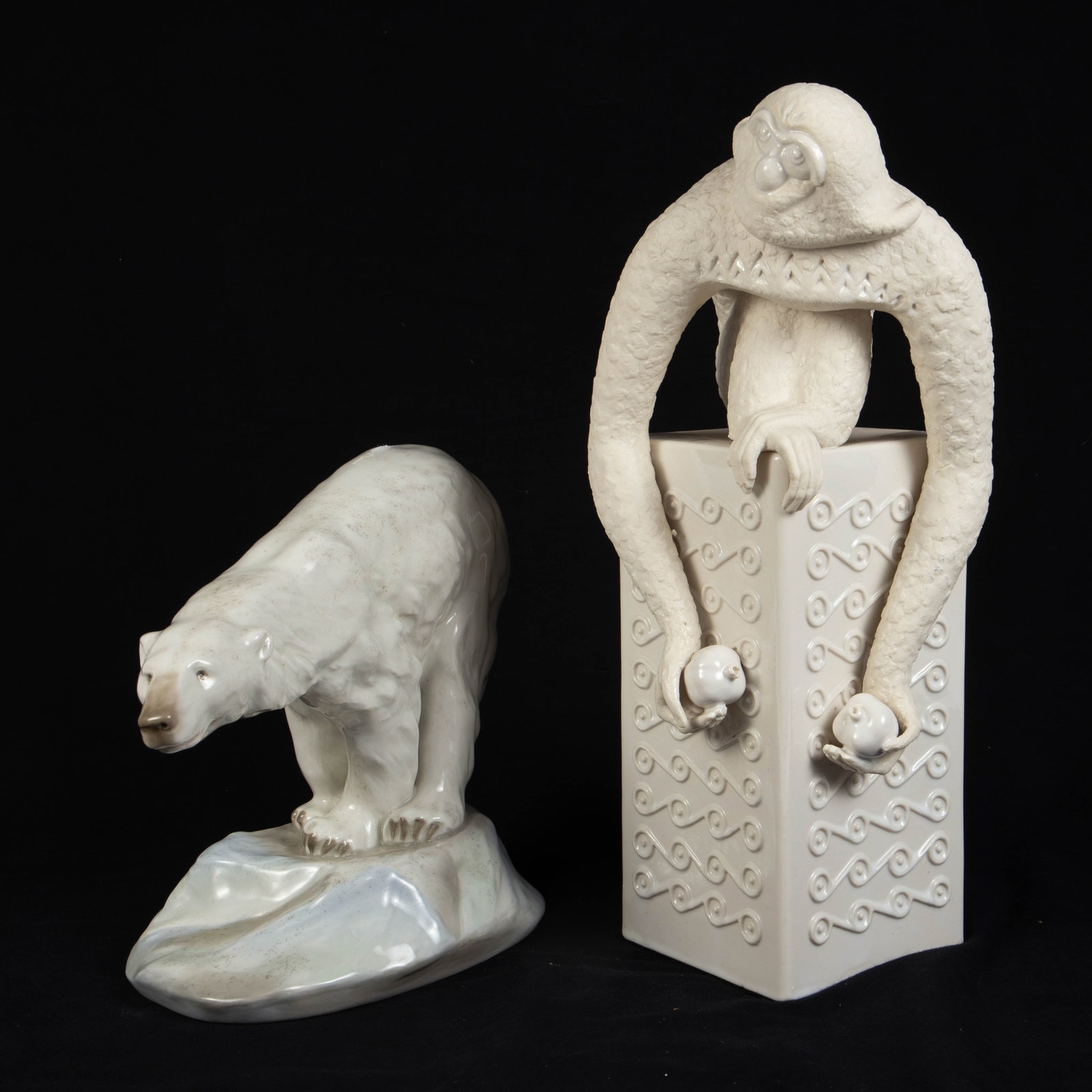 Lot: White Ceramic Monkey, Amphora Polar Bear.: The Amphora polar bear sculpture is marked on the underside. The monkey appears to be unmarked. Both look to be in nice cosmetic condition. The monkey measures 8" x 6 3/4" x 17". The polar bear