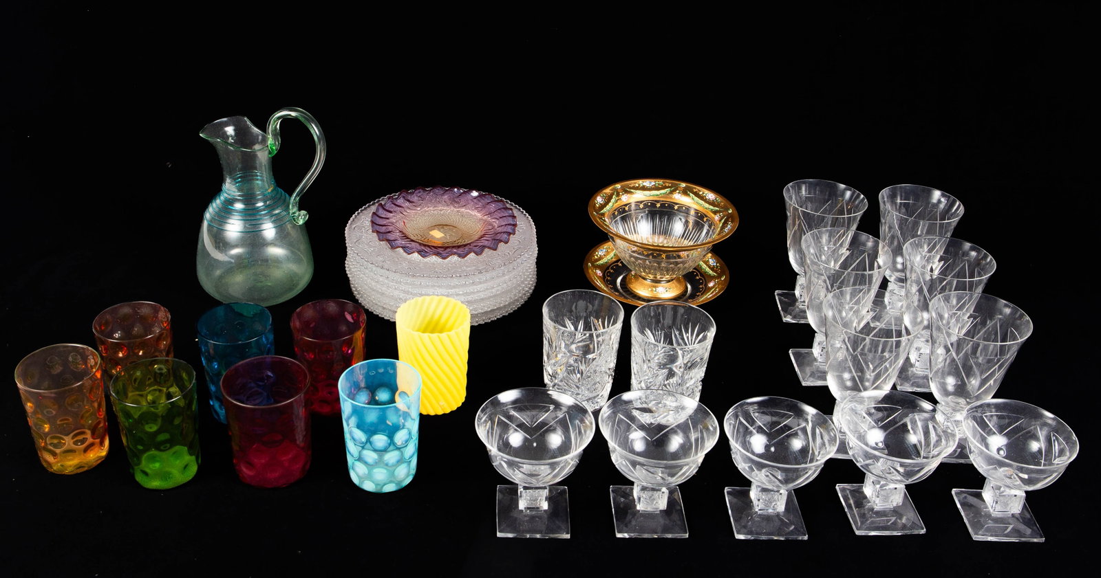 Lot: Coinspot Tumblers, Art Deco French Drinkware.: The Art Deco glasses are 5 1/2" goblets and 3 3/4" sherbets, all marked, "Cristal Nancy France". The lot also includes pattern glass plates, an art glass pitcher, and more. Some of the drinking